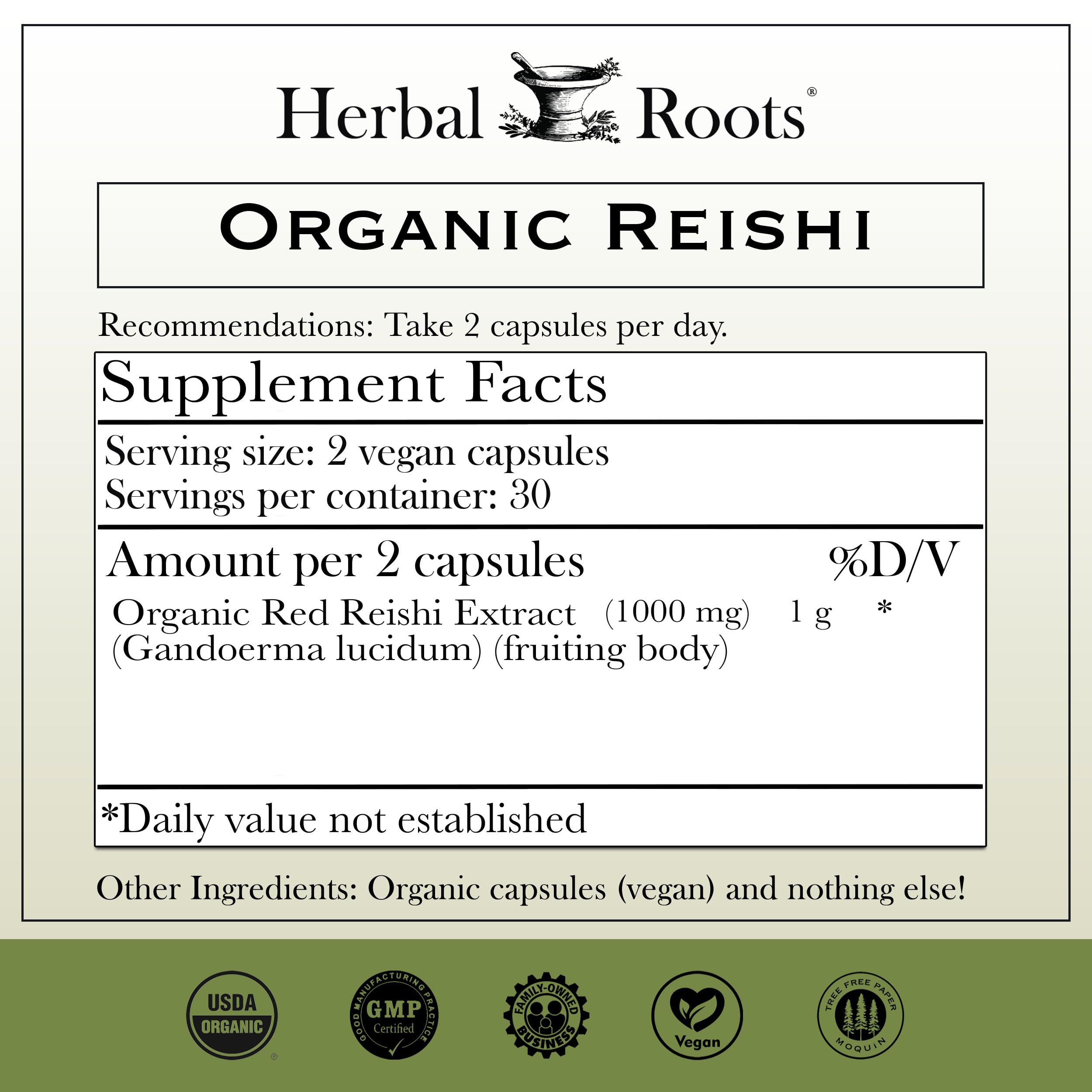 Herbal Roots Organic Reishi Mushroom Capsules - Made with Pure Fruiting Bodies - USDA Certified Organic - Supports Vitality & Cognitive Function - 60 Vegan Capsules — Amazon image 2