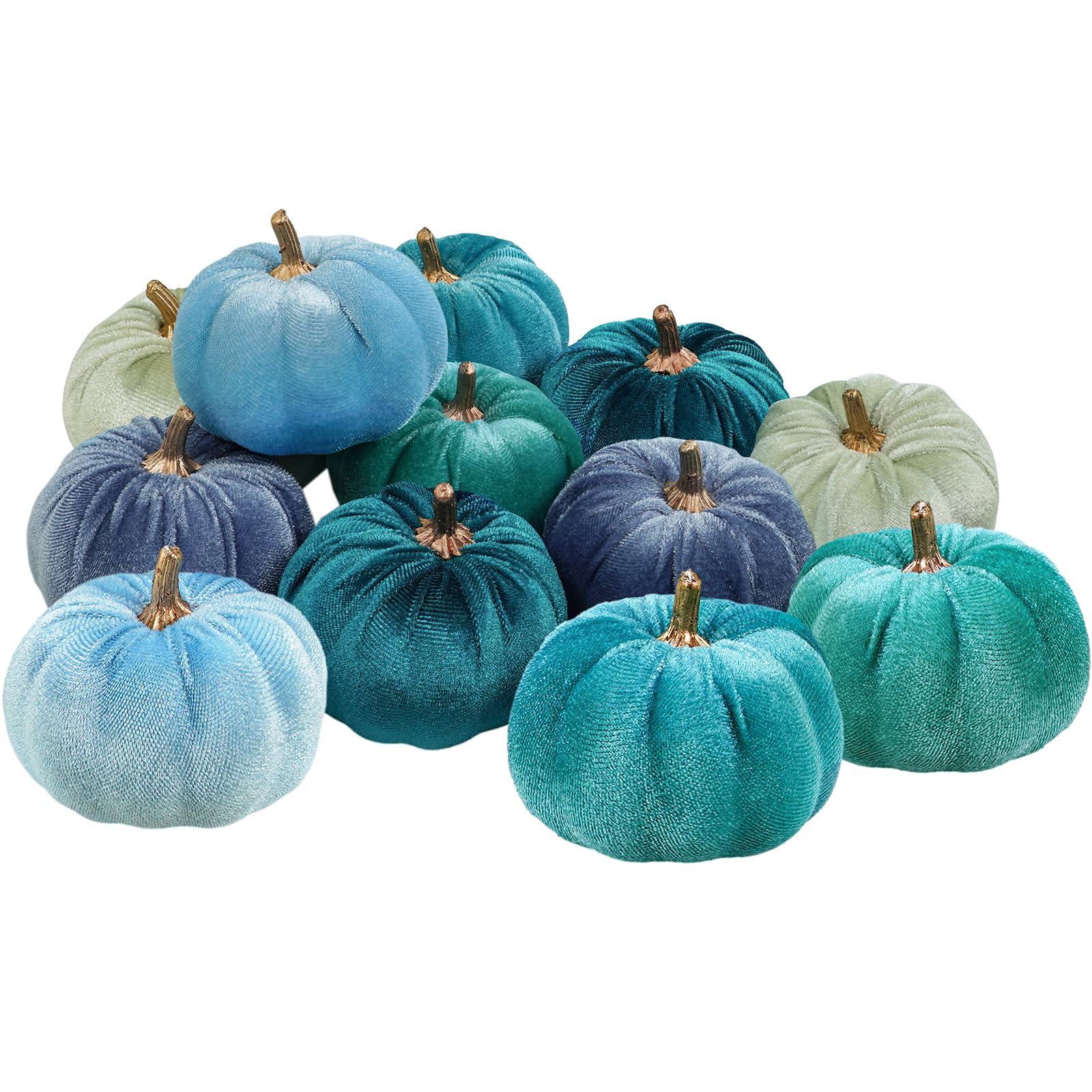 Winlyn 12 Pcs Assorted Small Faux Velvet Pumpkins Decorative Teal Blue Green Turquoise Fabric Foam Pumpkins 3" for Farmhouse Fall Wedding Halloween Thanksgiving Table Centerpiece Mantel Decor