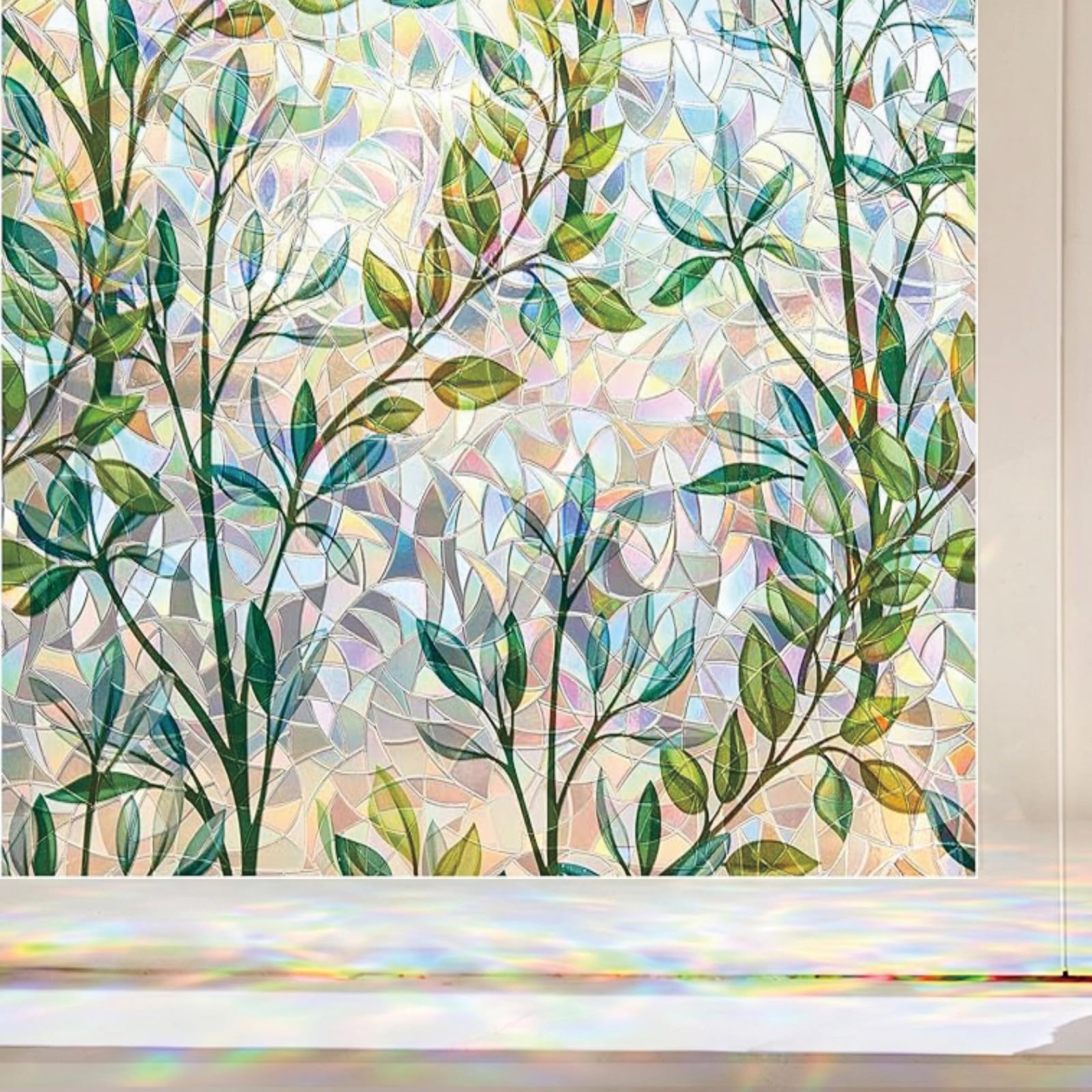Stained Glass Window Film Privacy Film 65 x 260 cm Blocks UV Static Cling No Glue Removable Heat Cotrol, Privacy Protection, Frosted Pattern Sticker Static Cling for Home, Leaves