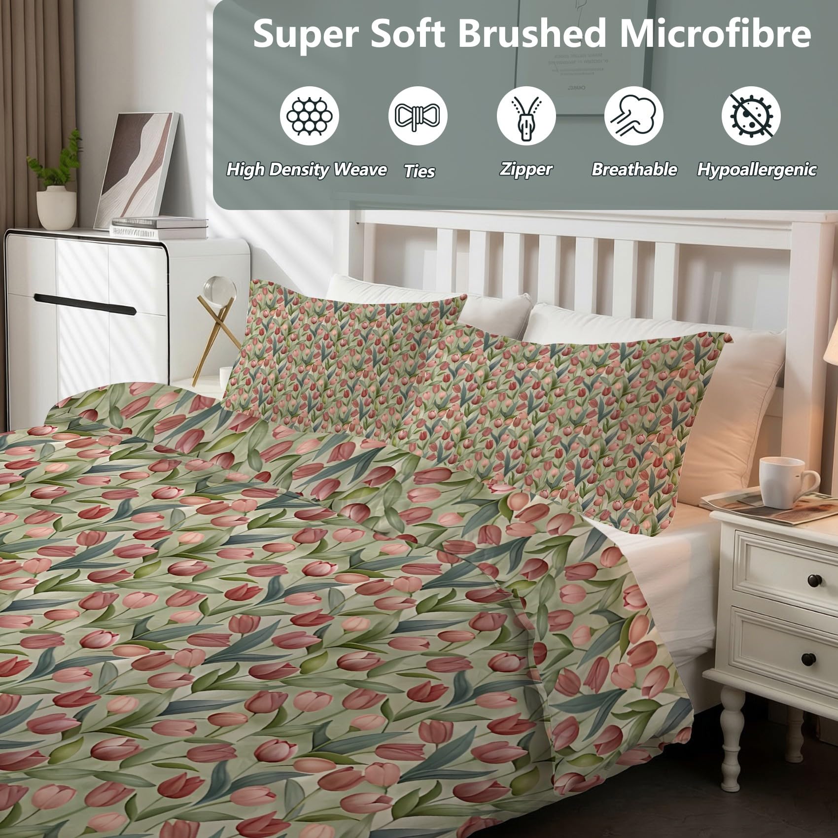 Tulipán Funda Nórdica Cama 105 Juego, Reversible Microfibra Juegos Cama Estilo Acuarela Vintage Funda Edredon 180×220 y 2 Fundas 50x75, con Cremallera, Apto Hombres y Mujeres KF148