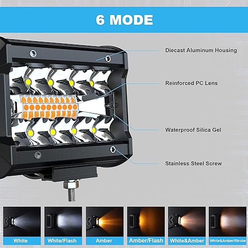 Miniatura 4 de ASLONG 2 unidades de 4 pulgadas blancoamarillo ámbar LED de triple fila de luz de inundación combinada de inundación de conducción, arnés de