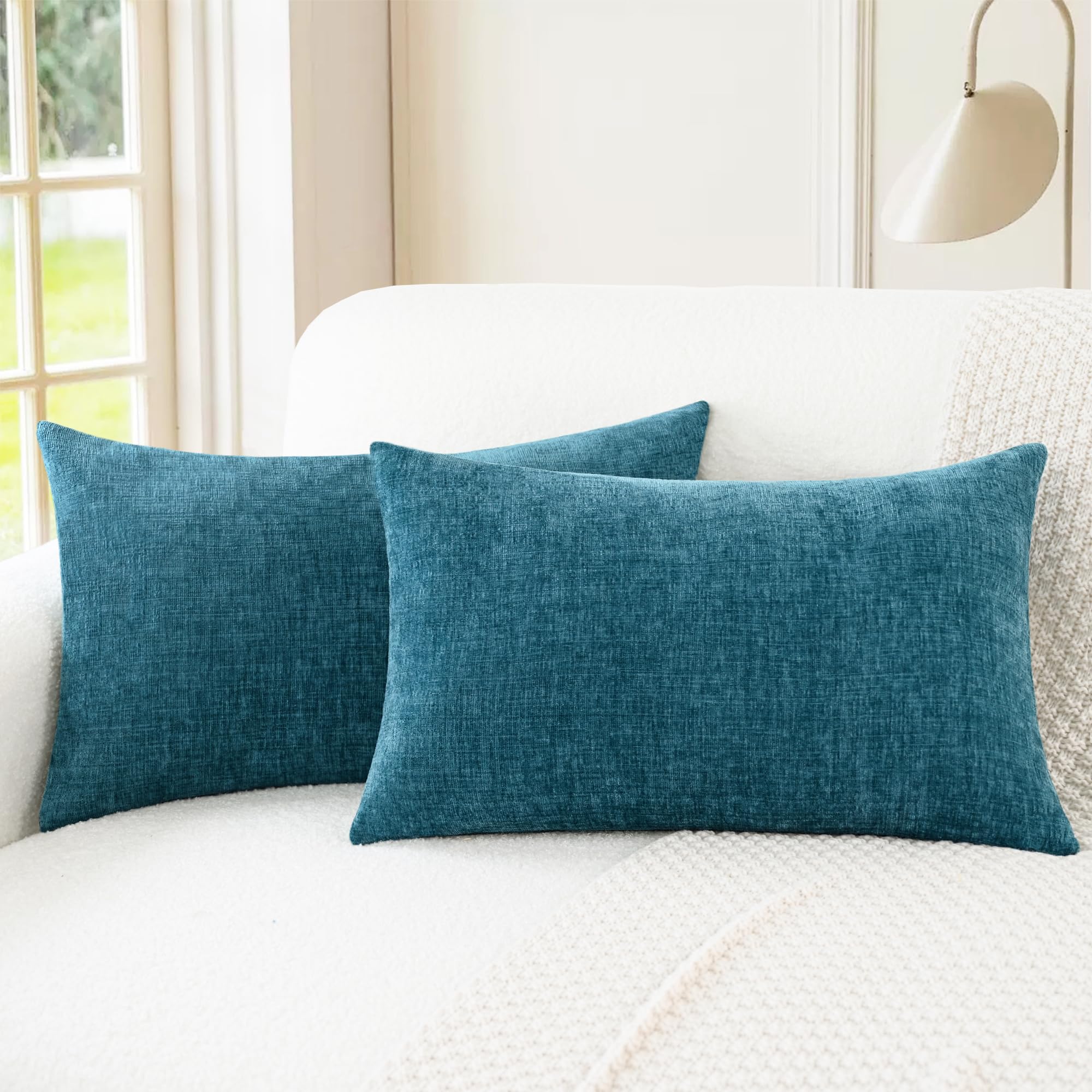 CaliTime Pack of 2 Cozy Throw Pillow Covers Cases for Couch Sofa Home Decoration Solid Dyed Soft Chenille 40cm X 66cm Deep Sea Blue โ image 1