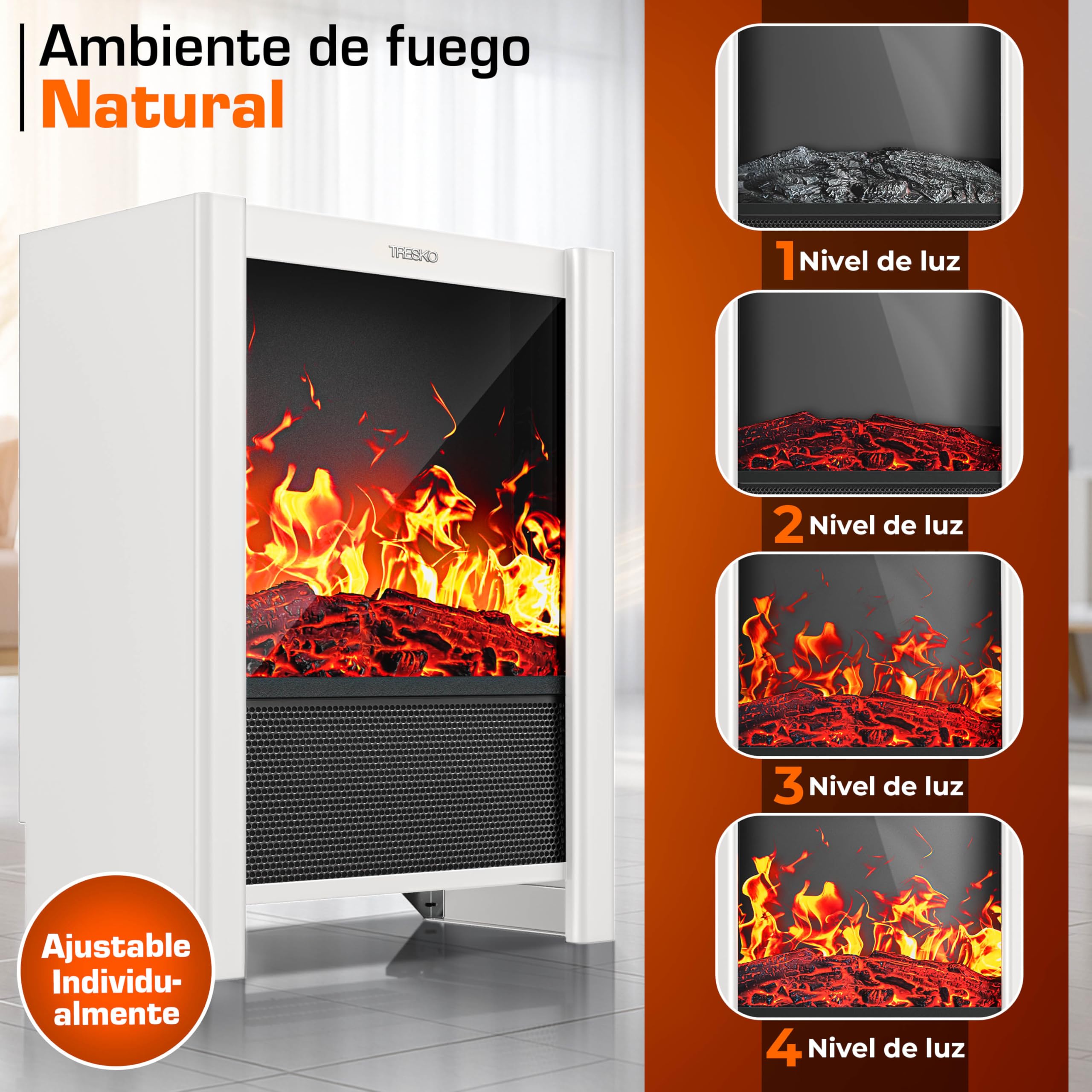TRESKO Chimenea eléctrica 2000 W Smart Home WiFi Mando Estufa eléctrica Efecto Llama LED Pantalla LCD Termostato Calefacción ventilado