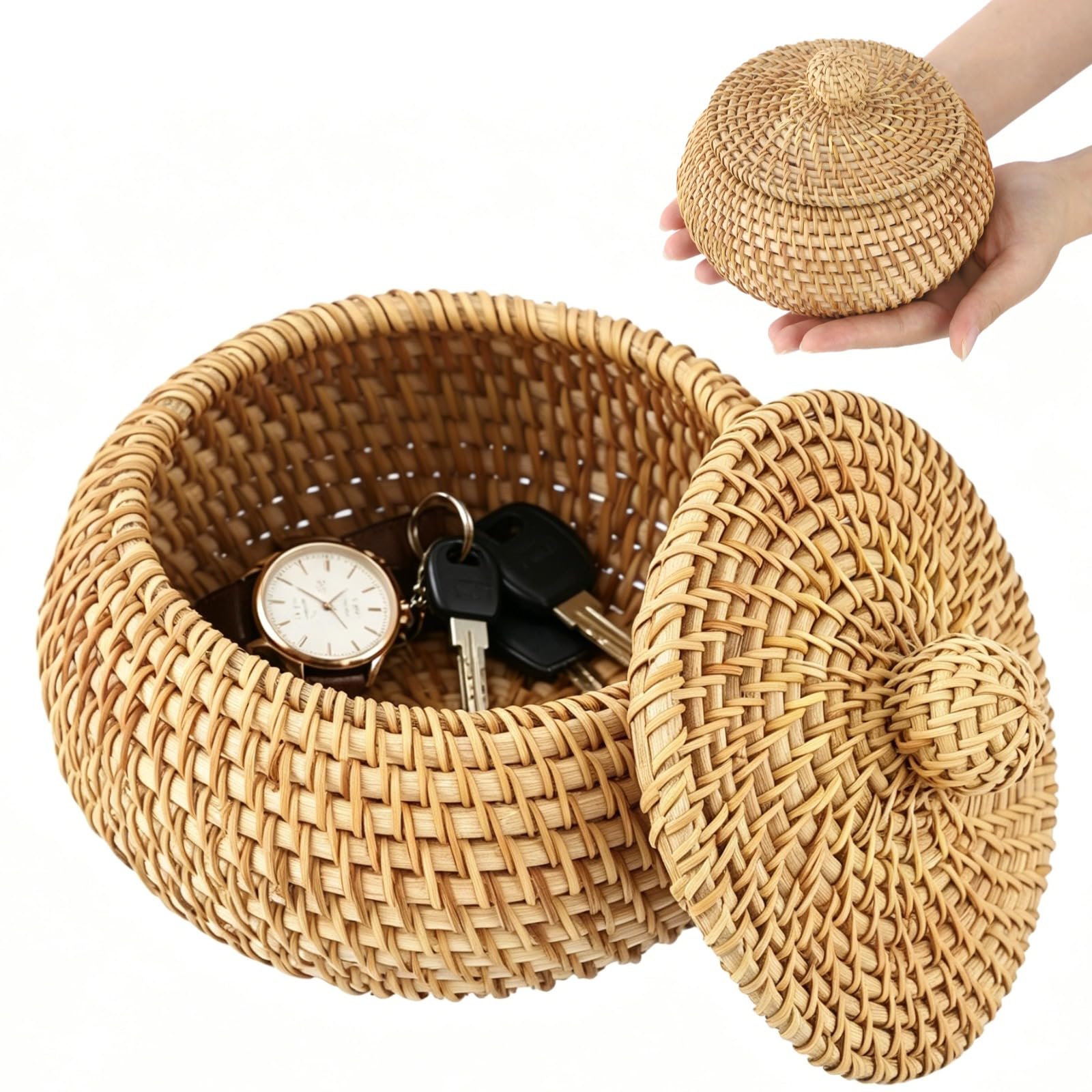 Round Rattan Basket with Lid, Small Handmade Woven Storage Basket, Decorative Organizer Box, Vintage Rattan Tabletop Container for Keys, Candy, Sundries, 5.9 x 3.5 in