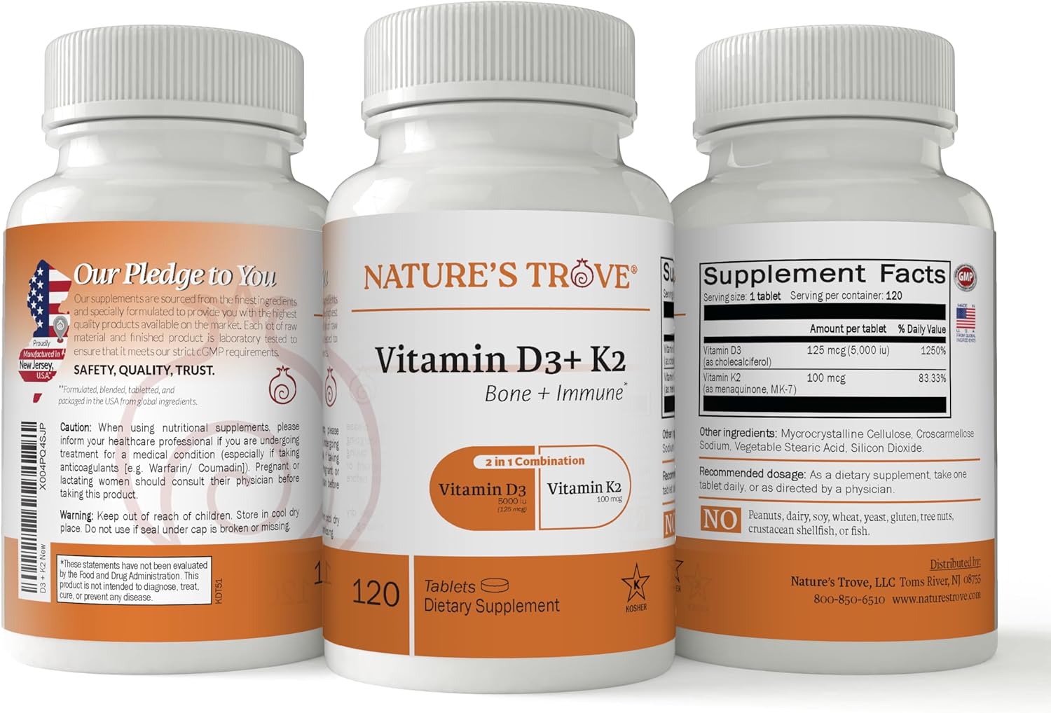 Nature's Trove Vitamin D3 5000 IU Plus K2 100mcg for Bone Health & Immune Support - 120 Tablets - 2-in-1 Formula (Pack of 2)