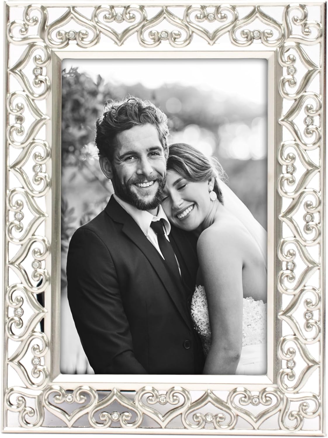 MIMOSA MOMENTS Heart Border Metal Picture Frame with Rhinestones Décor(Silver, 4X6) Silver-tone 4X6"