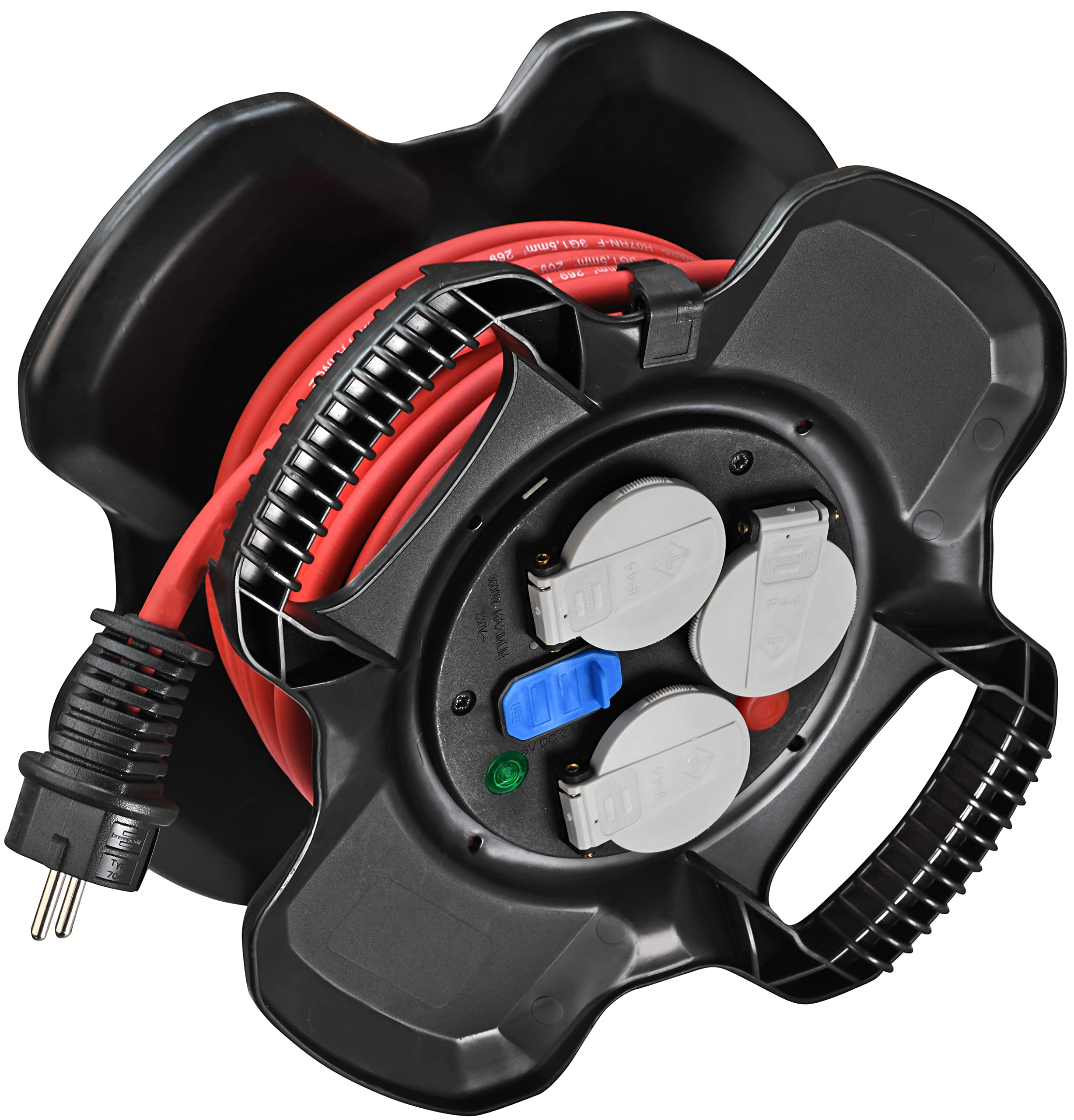 Brennenstuhl X-GUM IP44 - Carrete de cable eléctrico compacto (3 enchufes con válvula y indicador de presencia de tensión, 2 puertos USB (10 m H07RN-F 3G1,5, fabricado en Francia), color negro y rojo