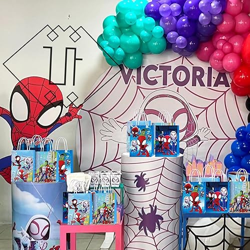Miniatura 4 de JFDMM 16 bolsas de fiesta de cumpleaños de araña, bolsas de papel kraft con asas, bolsas de regalo de fiesta para niños, suministros de fiesta de