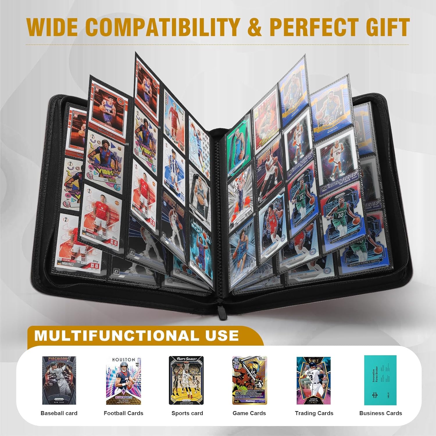 Trading Card Binder, Card Binder 9 Pocket for Trading Cards, Holds 540 Cards, Zippered Premium Card Collection Binder Album for Game Card, Sports Card, Yugioh, MTG (Carbon ash)