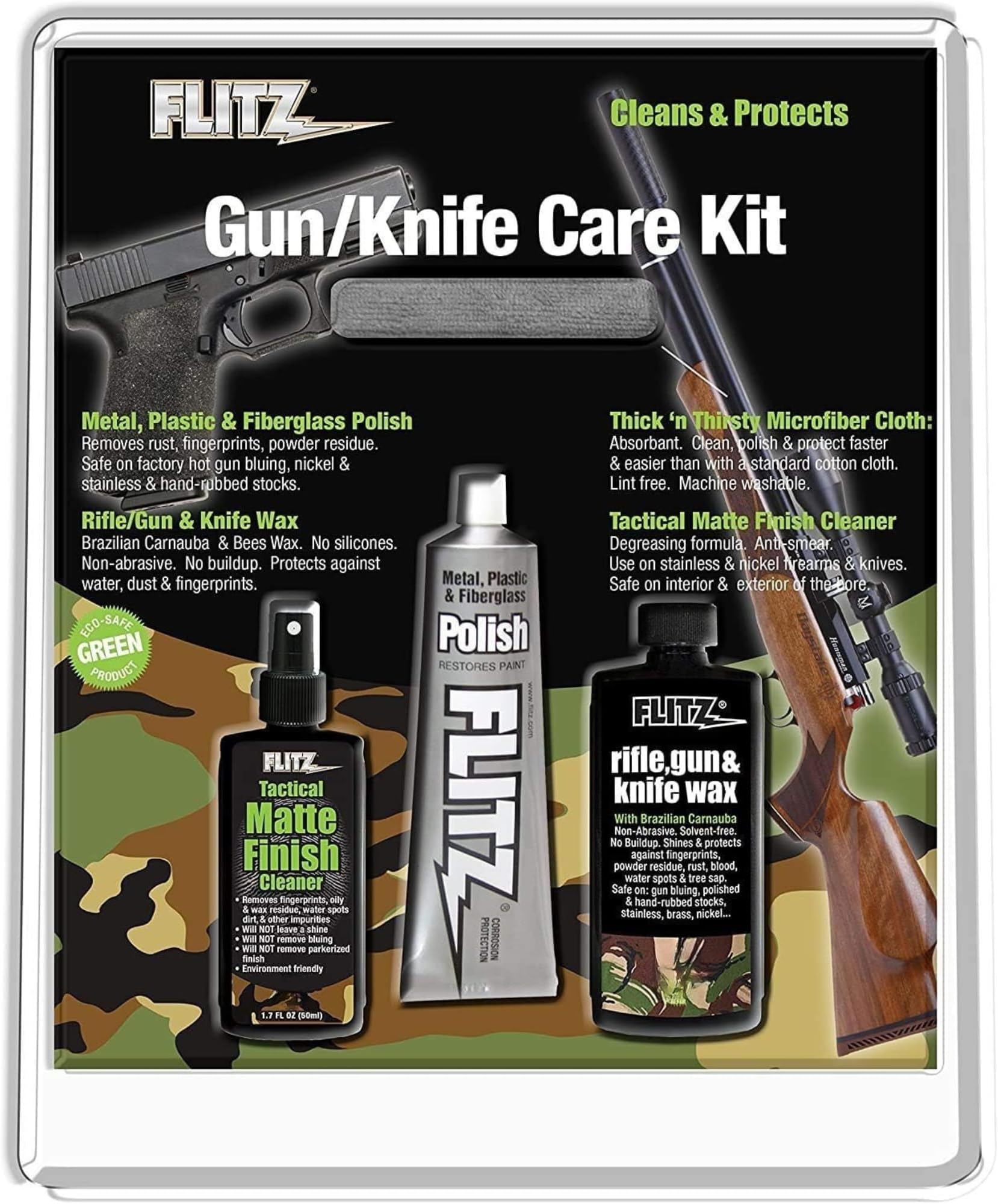 Flitz Tactical Gun & Knife Care Kit - USA-Made All-in-One Gun Cleaner Kit - Includes 1.7oz Polish, 1.76oz Sealant, 1.7oz Matte Finish Cleaner & Microfiber Cloth - Firearm Cleaning Accessories