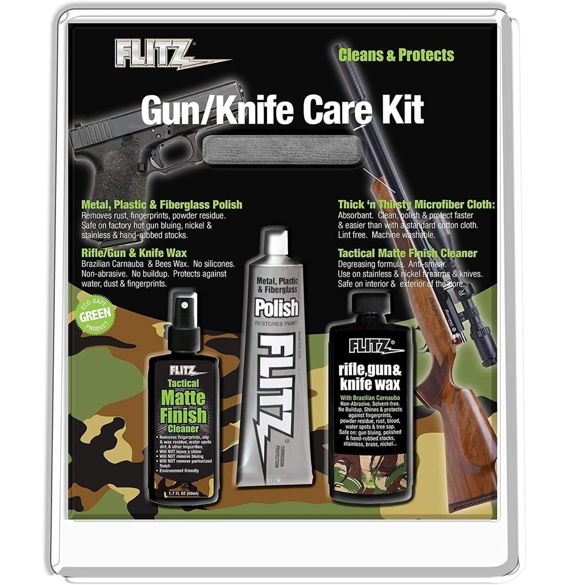 Flitz Tactical Gun & Knife Care Kit - USA-Made All-in-One Gun Cleaner Kit - Includes 1.7oz Polish, 1.76oz Sealant, 1.7oz Matte Finish Cleaner & Microfiber Cloth - Firearm Cleaning Accessories
