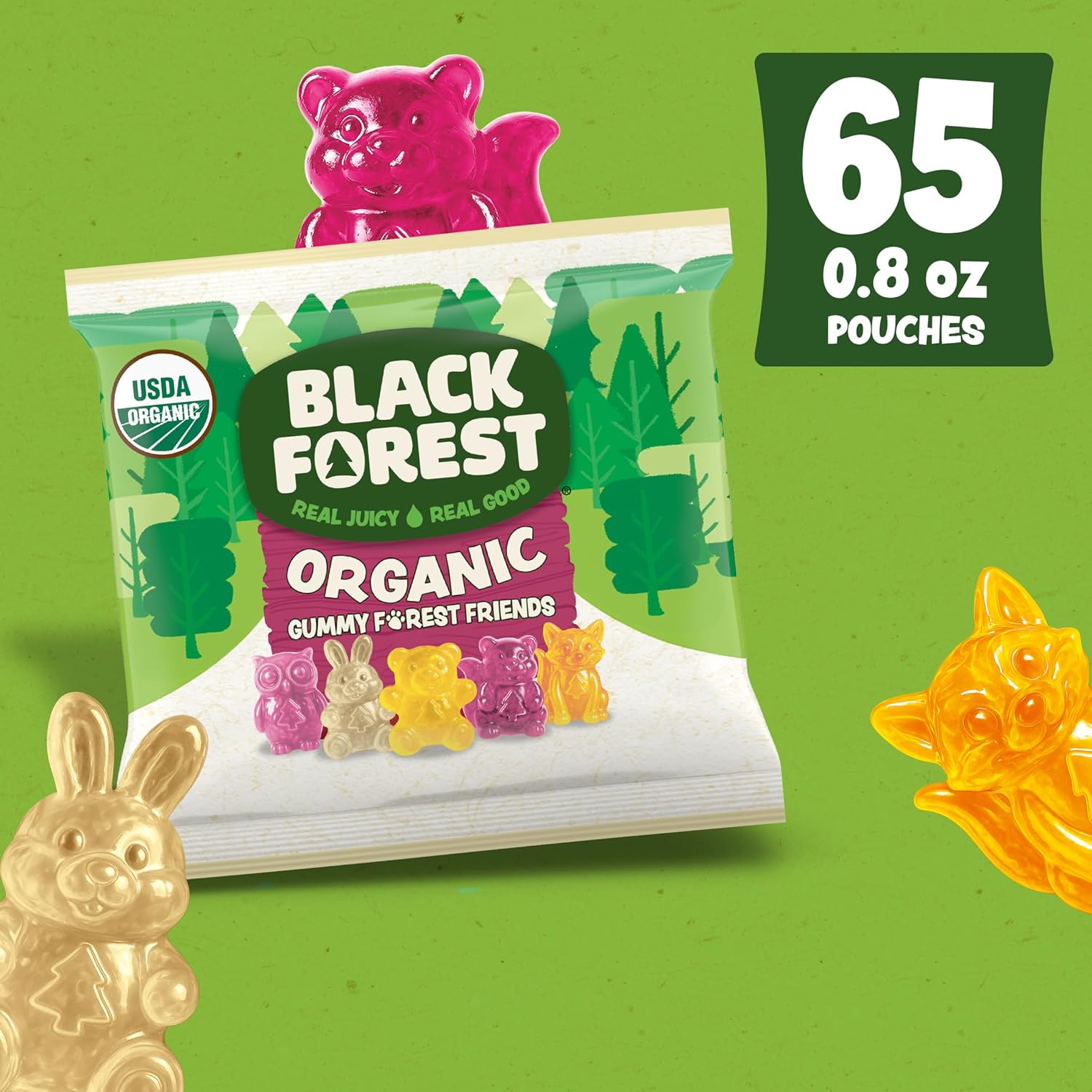 Black Forest Organic Gummy Forest Friends Candy, Made with Real Fruit Juice, Colors and Flavors from Natural Sources, Gluten Free and Fat Free, 0.8 Ounce Pouches, 65 Count