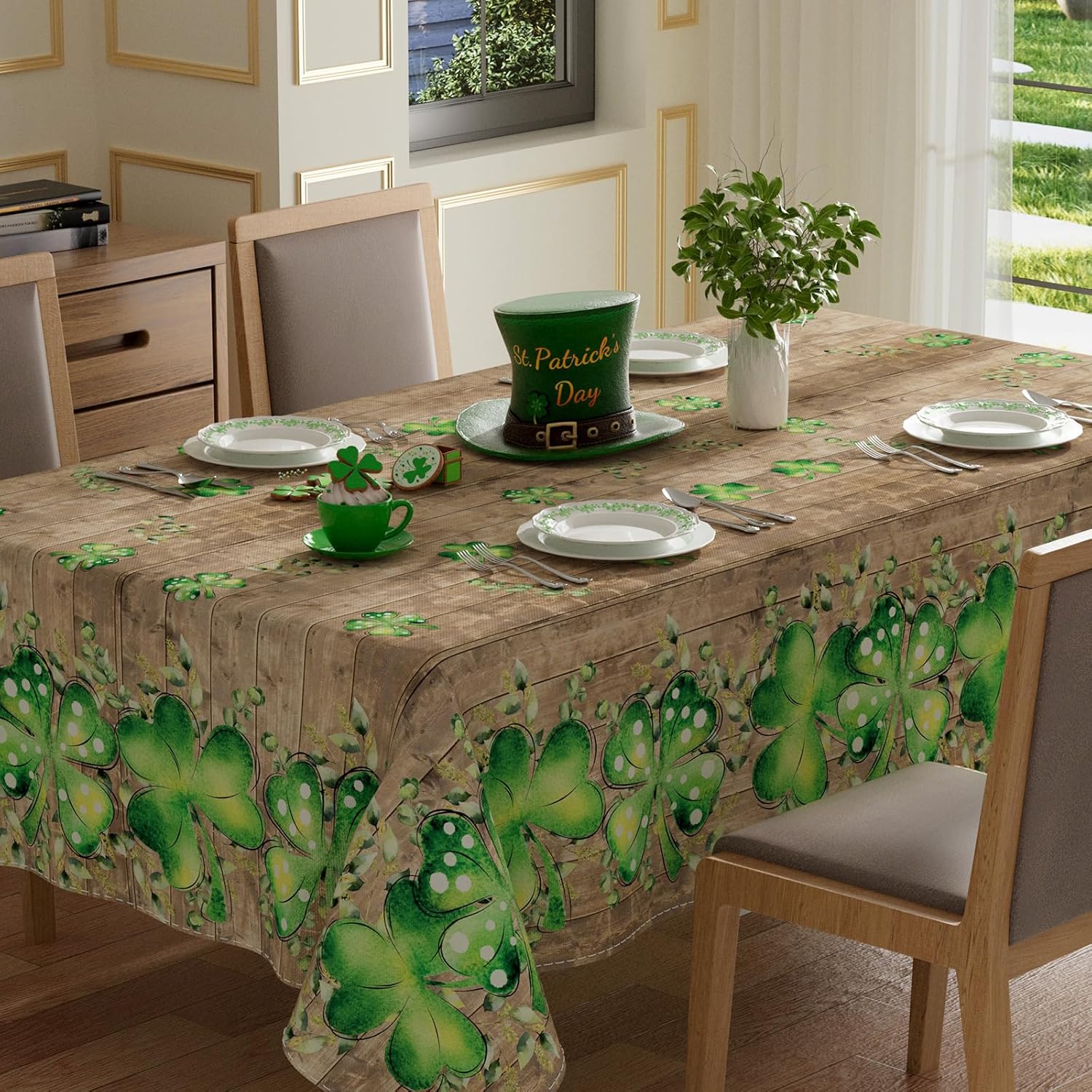 XCHI Green Shamrocks Clovers Wood Eucalyptus Leaves St. Patrick's Day Tablecloth Rectangle Table Cloth Washable Table Covers for Indoor Dining Home Party Decorations 60x120 Inch