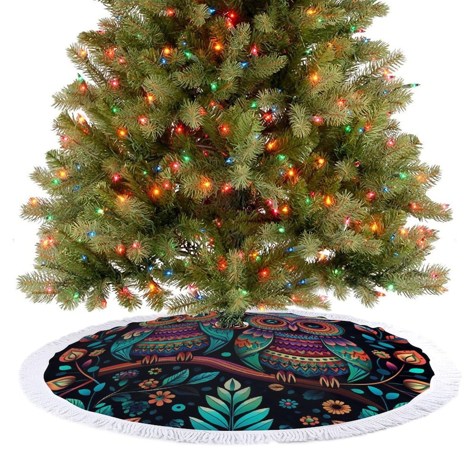 Colorful Owl Pictures Christmas Tree Skirt 48"x48" Rustic Xmas Tree Mat with Tassel Ornament Christmas Trees Cover Skirt Mat for Evergreen Trees Ornament Winter Holiday Mats Decorations