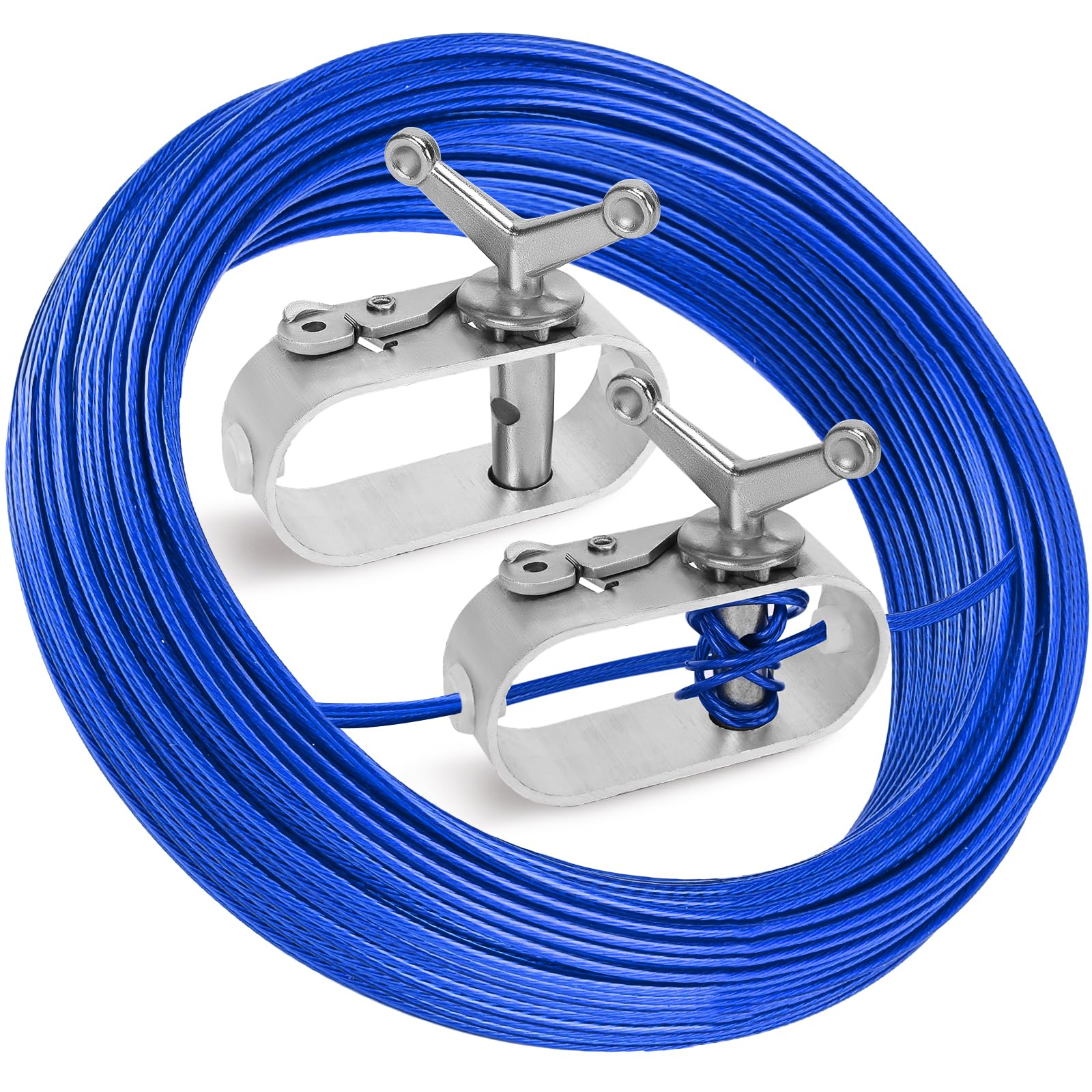 150Ft Pool Cover Cable and 2 Winch Kit for Securing Above Ground Swimming Pool Cover, Plastic-Coated Steel Cable Wire Aluminum Ratchet Winch, Winterize Pool Closing Cover Wire and Winch (Blue)
