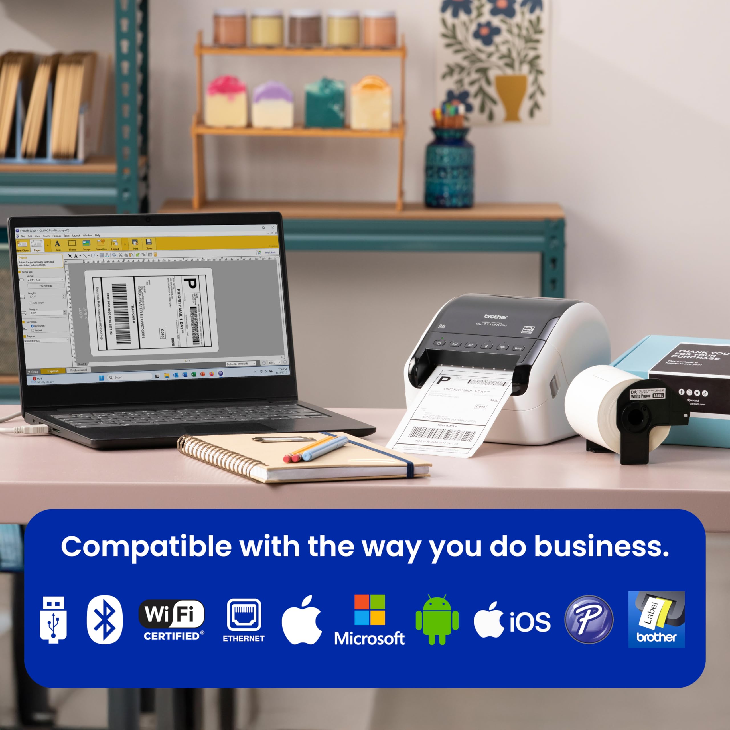 Brother Pacchetto QL-1110NWBC, connettività wireless, stampante termica per etichette ad ampio formato, stampa affrancatura e codici a barre, oltre a 2 rotoli di nastri per etichette DK originali DK