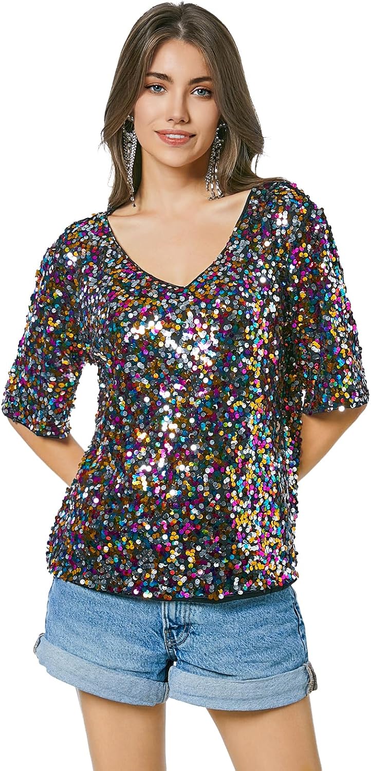 Women’s Sequin Tops Glitter V Neck Loose Summer Shirt Half Sleeve Sparkly Disco Party Plus Size Tunic Blouses