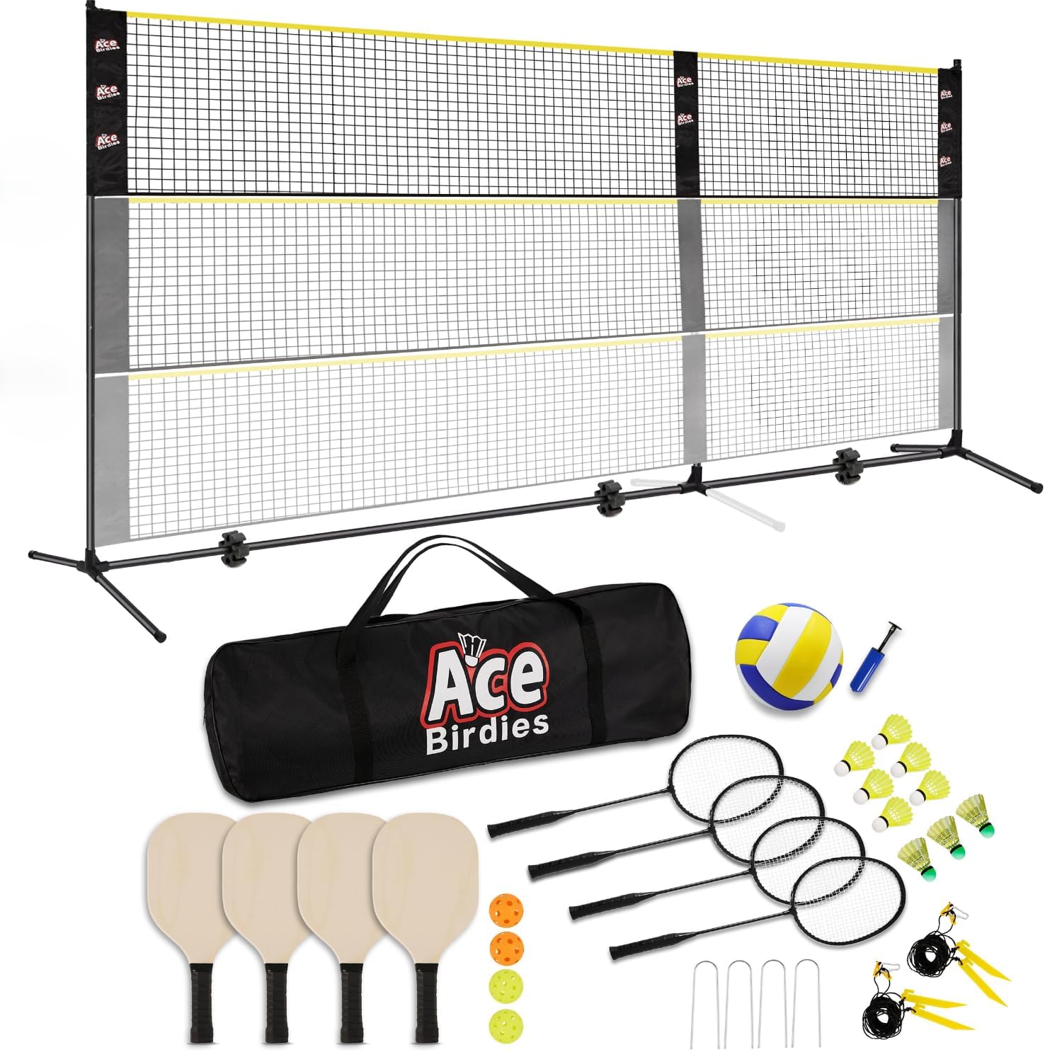 Complete Badminton Sets (10FT/17FT) Adjustable Width, Adjustable Height (2.8/5.1/7.4FT), Badminton Pickleball Volleyball Set with Net, 4Racket+4Paddels+Volleyball for Outdoor Family Game.