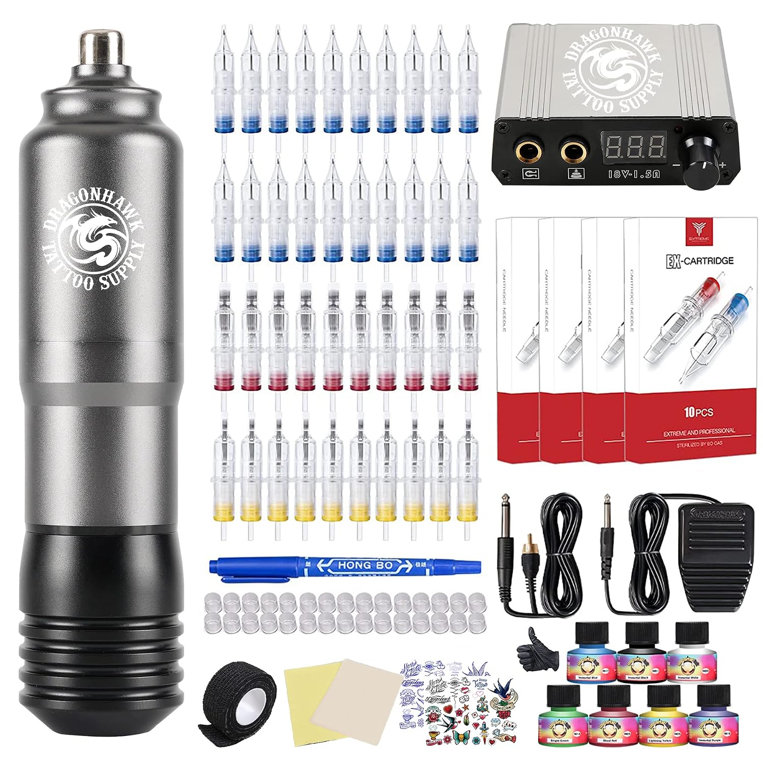 Dragonhawk M3 Rotary Tattoo Pen Machine Kit 40Pcs Extreme Cartridges Needles Lcd Digital Power Supply 10 Colors Inks Grip Covers for Starters Artists 340-50P