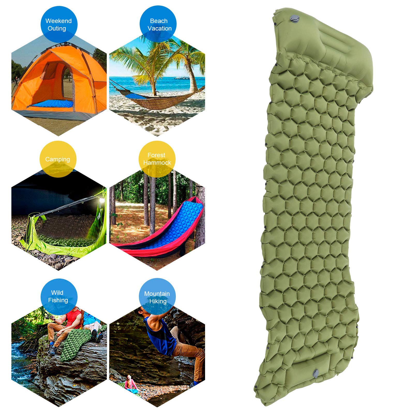Tappetino da Campeggio Air Sleeping Pad - Pad Gonfiabile Leggero da Viaggio con pressa a Pedale per Escursioni in Viaggio(Verde)