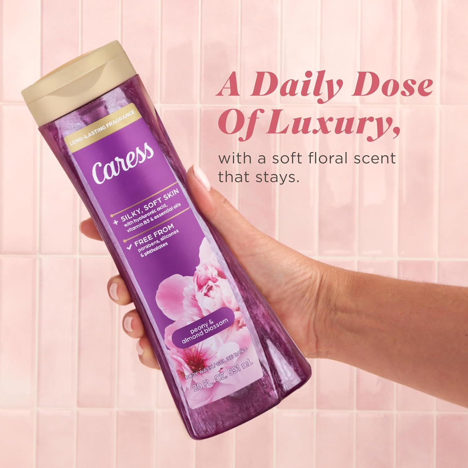 Caress Peony & Almond Blossom Body Wash, Hyaluronic Acid & Vitamin B3 for Moisturized, Silky Soft Skin, Long-Lasting Floral Bouquet Fragrance, 20 fl oz (4 Pack)