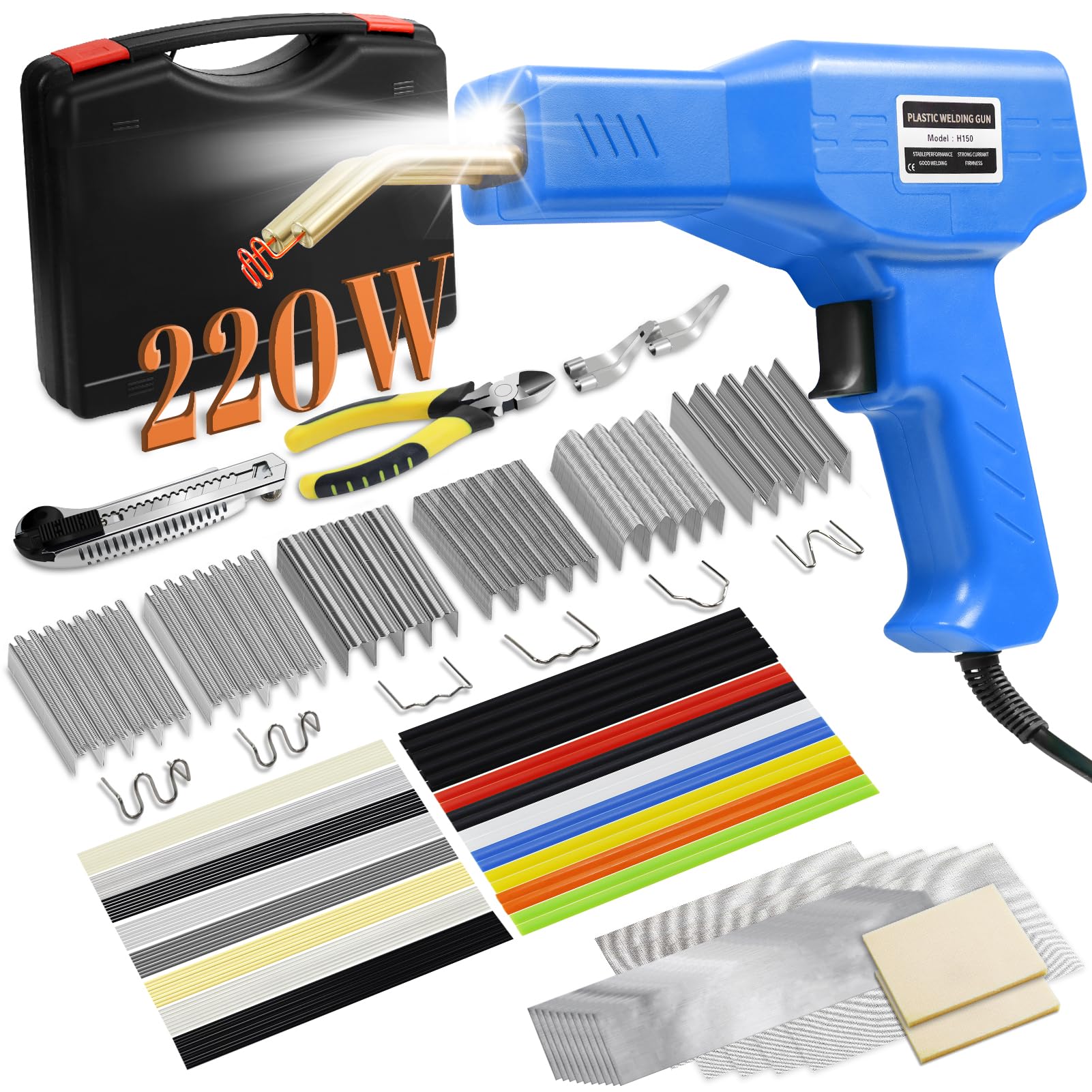 150W Plastic Welder,Plastic Welding Kit Car Bumper Repair 800pcs Hot Staples & 56pcs 7 Types of Welding Plastic Welding Rods for Car Bumper Plastic Crack Repair (Blue)
