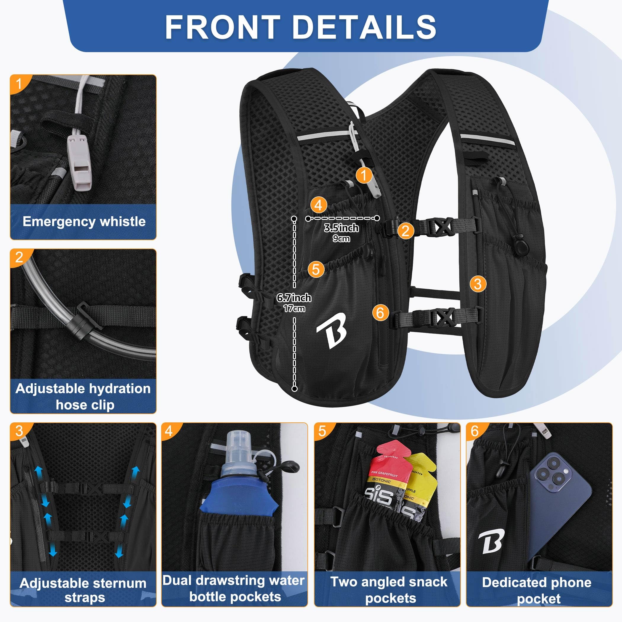 BECOJADDE Gilet da corsa per uomo e donna, zaino da corsa leggero da 5 l, zaino per l'idratazione per maratona, sentiero, ciclismo, escursionismo, jogging