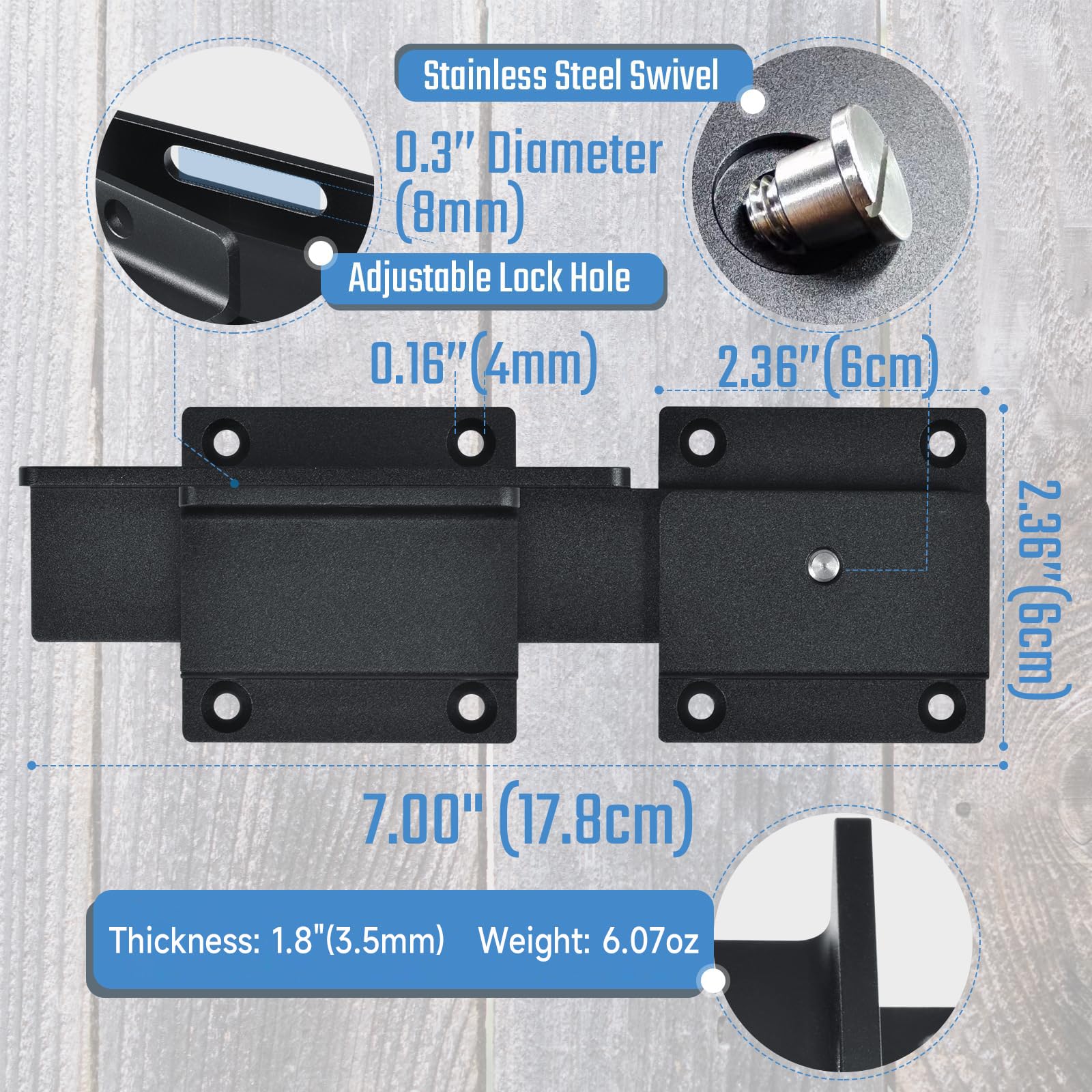 Cierre de puerta abatible con agujero para candado, pestillo de puerta de aleación de aluminio resistente de 3.5 mm para valla de madera al aire libre, patio (2, negro)