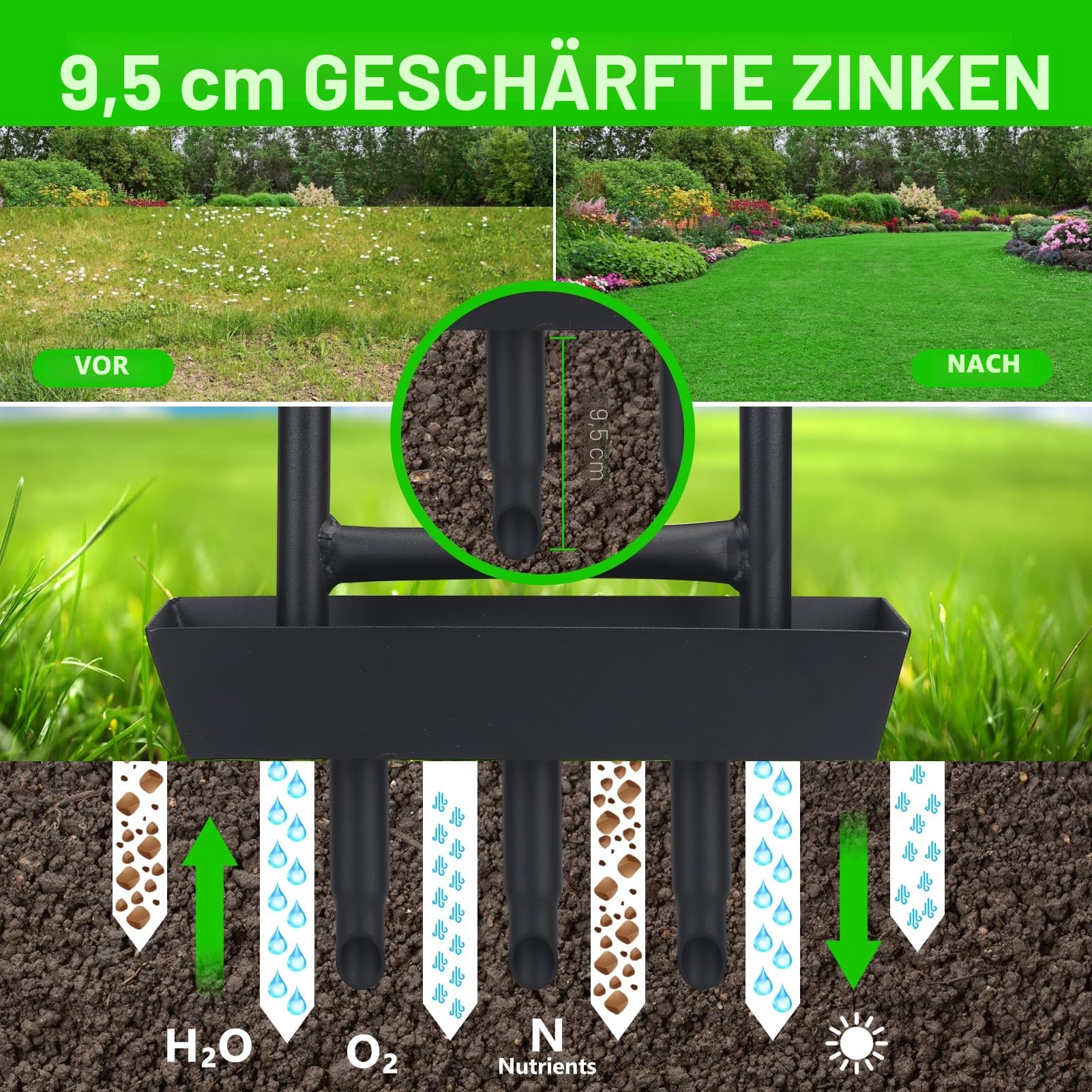Rasenlüfter, Aerifizierer für Rasen, 3 Kern Hohlspoon mit Ablageschale, Hohlzinken Aerifizierer Gerät für verdichtete Böden, Rasenflächen und Gärten