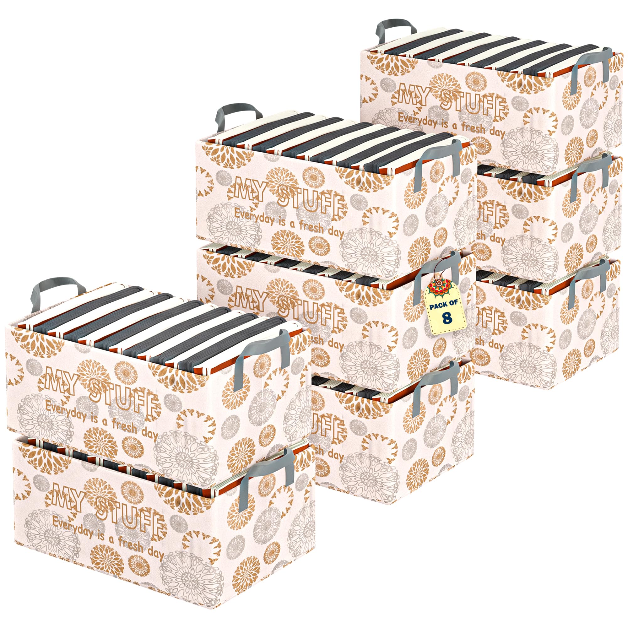 Kuber Industries Pack of 8 - Storage Box For Clothes | Foldable Wardrobe Organizer For Shirts/Pants/Dresses | Rectangular Closet Organizing For Toys, Books With Handle | Gola Print - White