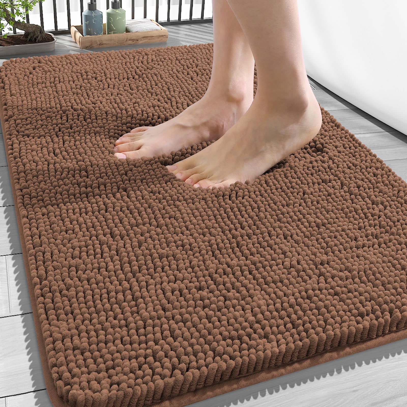 OLANLY Bathroom Rugs 34x21, Extra Soft Absorbent Chenille Bath Rugs | Mocha, Quick-Drying Rubber Backing, Machine Washable Bath Mat for Bathroom Floor, Tub and Shower, Home Decor Accessories