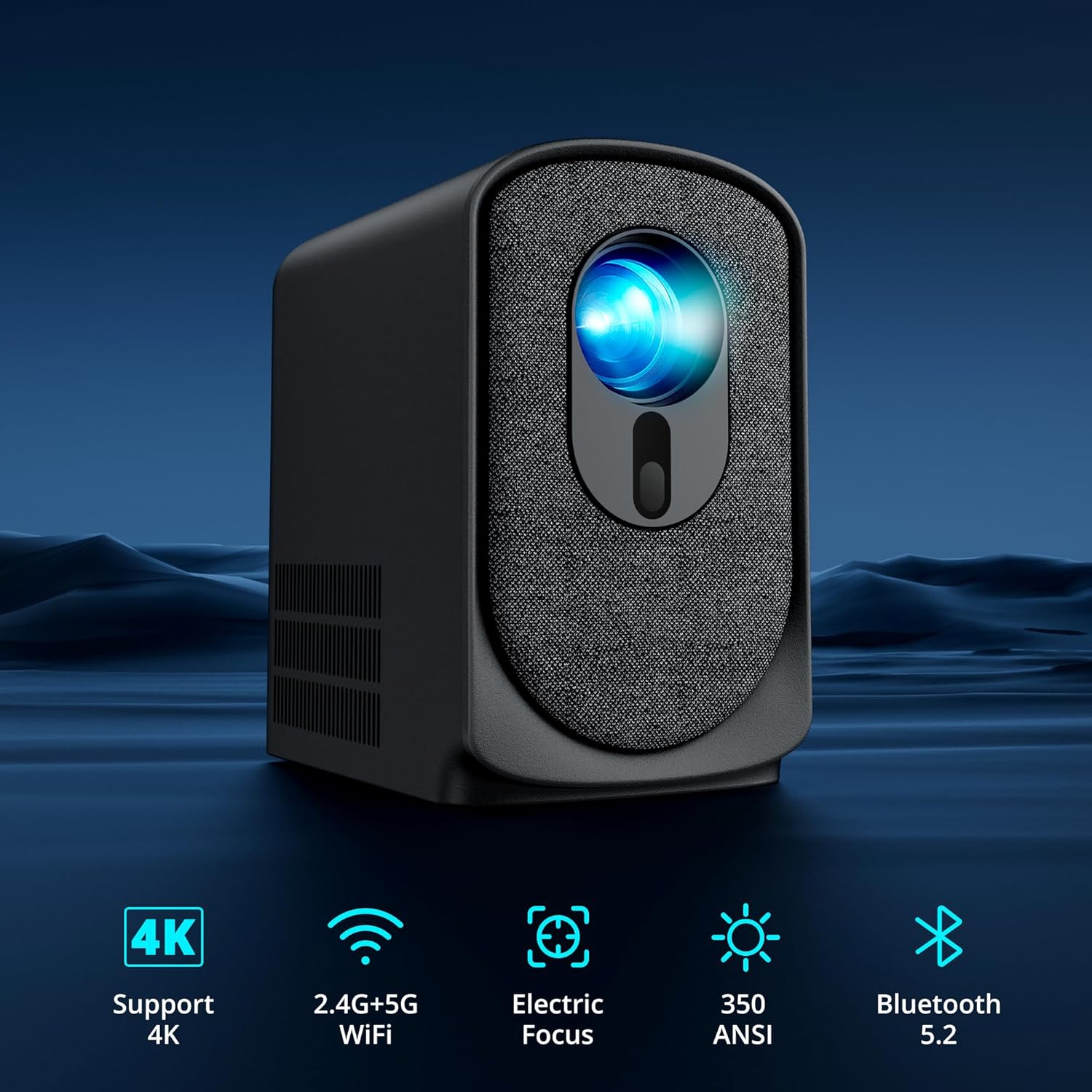 Dragon Touch L01 projector highlighting key features: 4K support, 2.4G+5G WiFi, Electric Focus, 350 ANSI brightness, and Bluetooth 5.2.