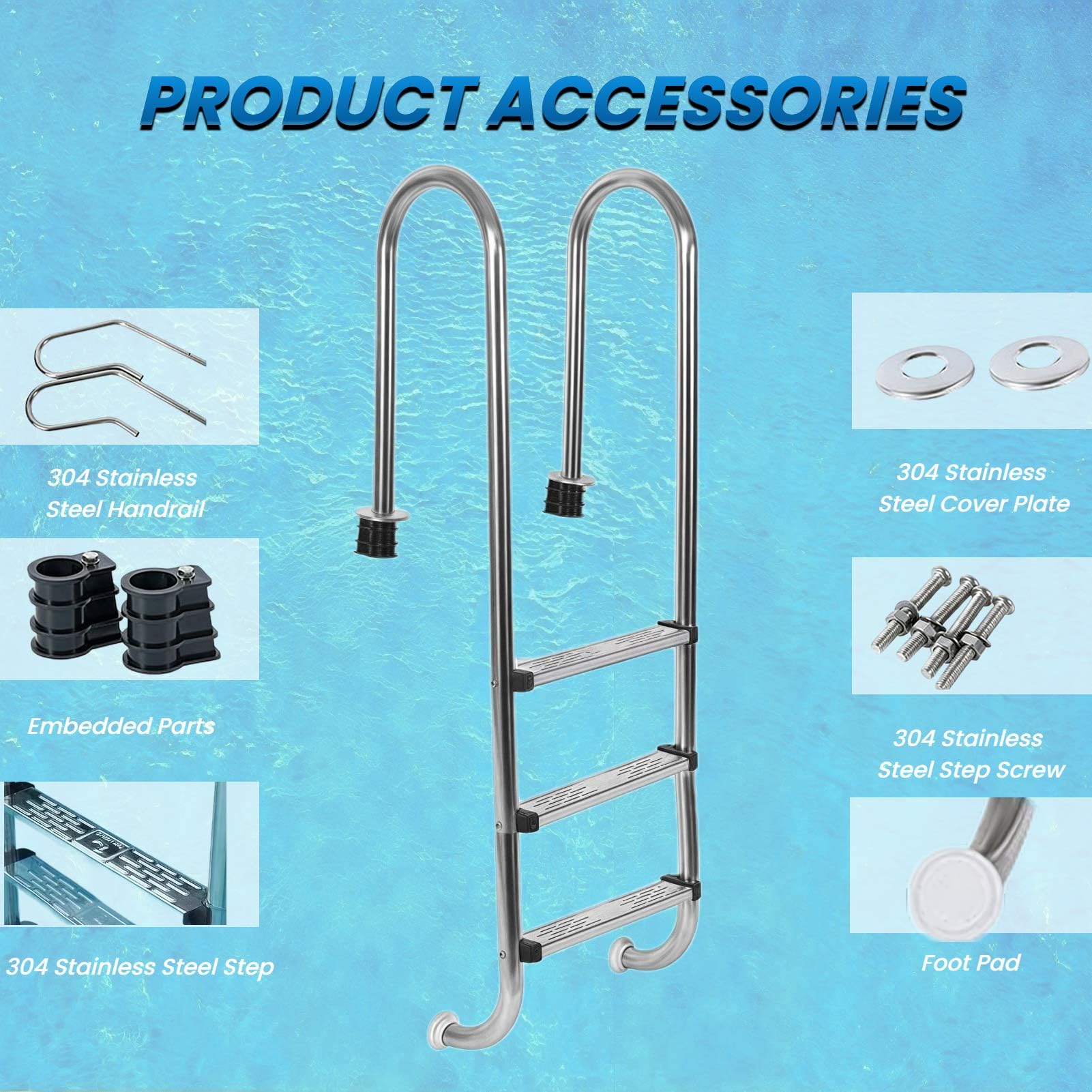 Scaletta per Piscina, 2-4 gradini con Doppio corrimano e gradini in Acciaio Inox, per Piscine interrate, Interne ed Esterne.
