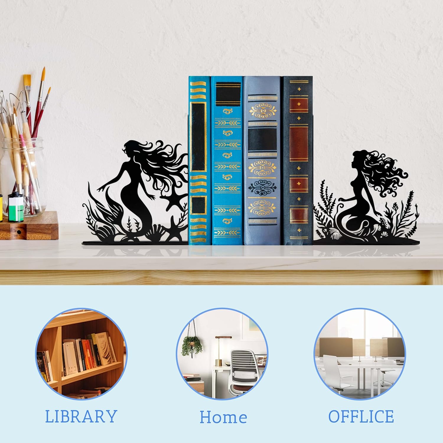 Mermaid Metal Bookends for Books, Elegant Double Siren Bookends Decorative, Ocean Theme Room Decor, Unique Mermaid Gifts for Women & Girls