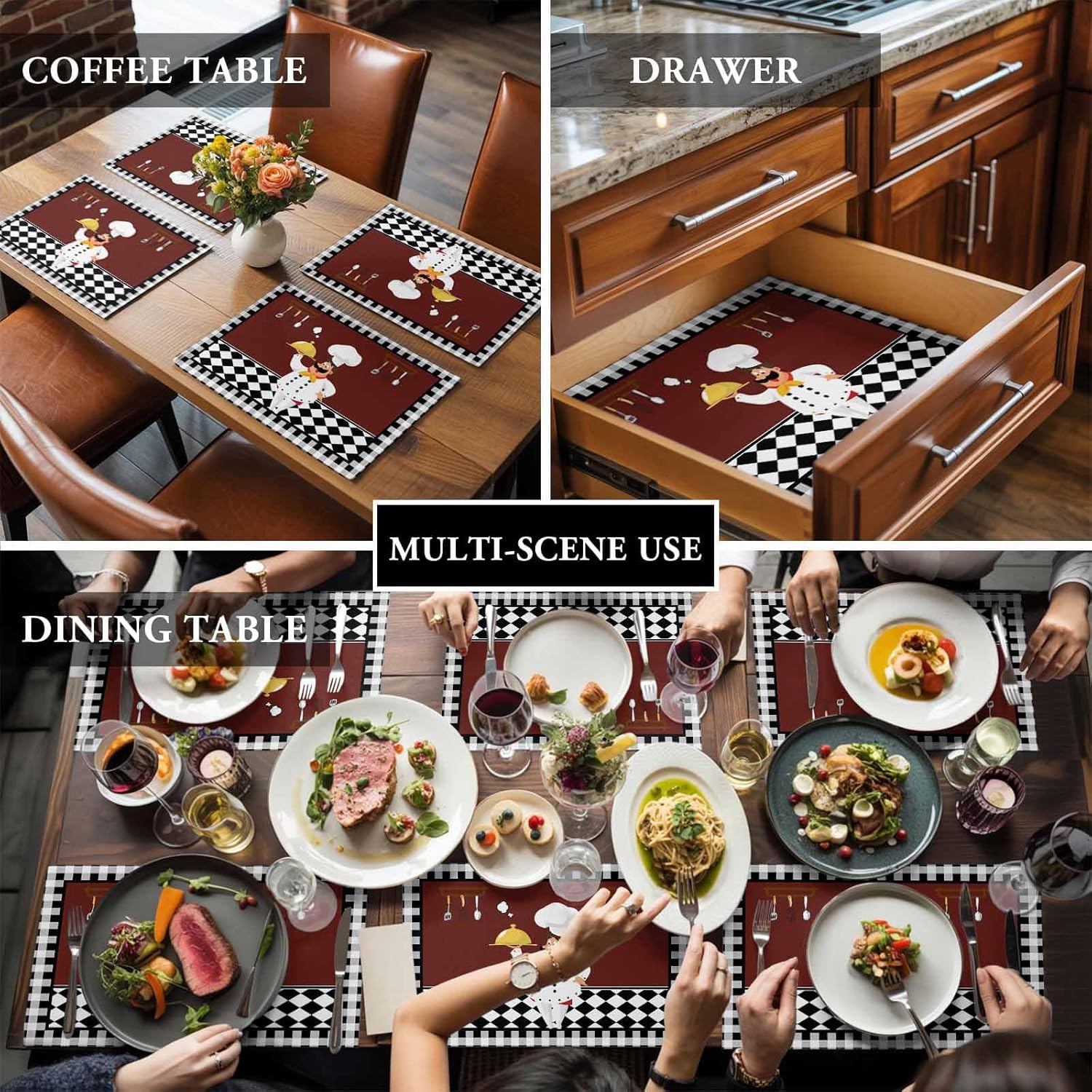 Vintage Placemats Set of 6 Kitchen Chef Gourmet Buffalo Plaid Dining Room Heat Tolerant Placemat Washable Linen Place Mats Foldable Cloth for Kitchen Table Holiday Party Home Decor 13x19 in