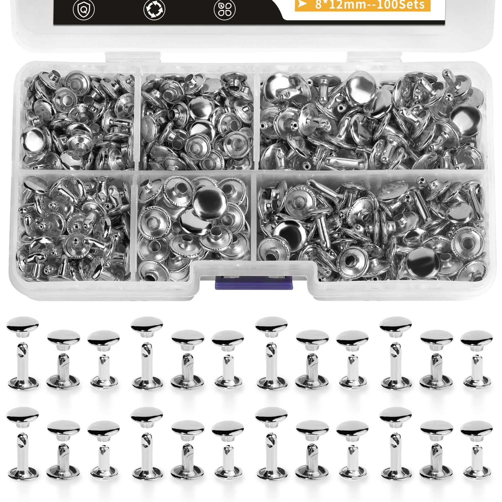 Dercuy 300 Sets Leather Rivets, 3 Sizes Double Cap Rivets for Leather, Rivets for Fabric and Leather Crafting(Sliver)