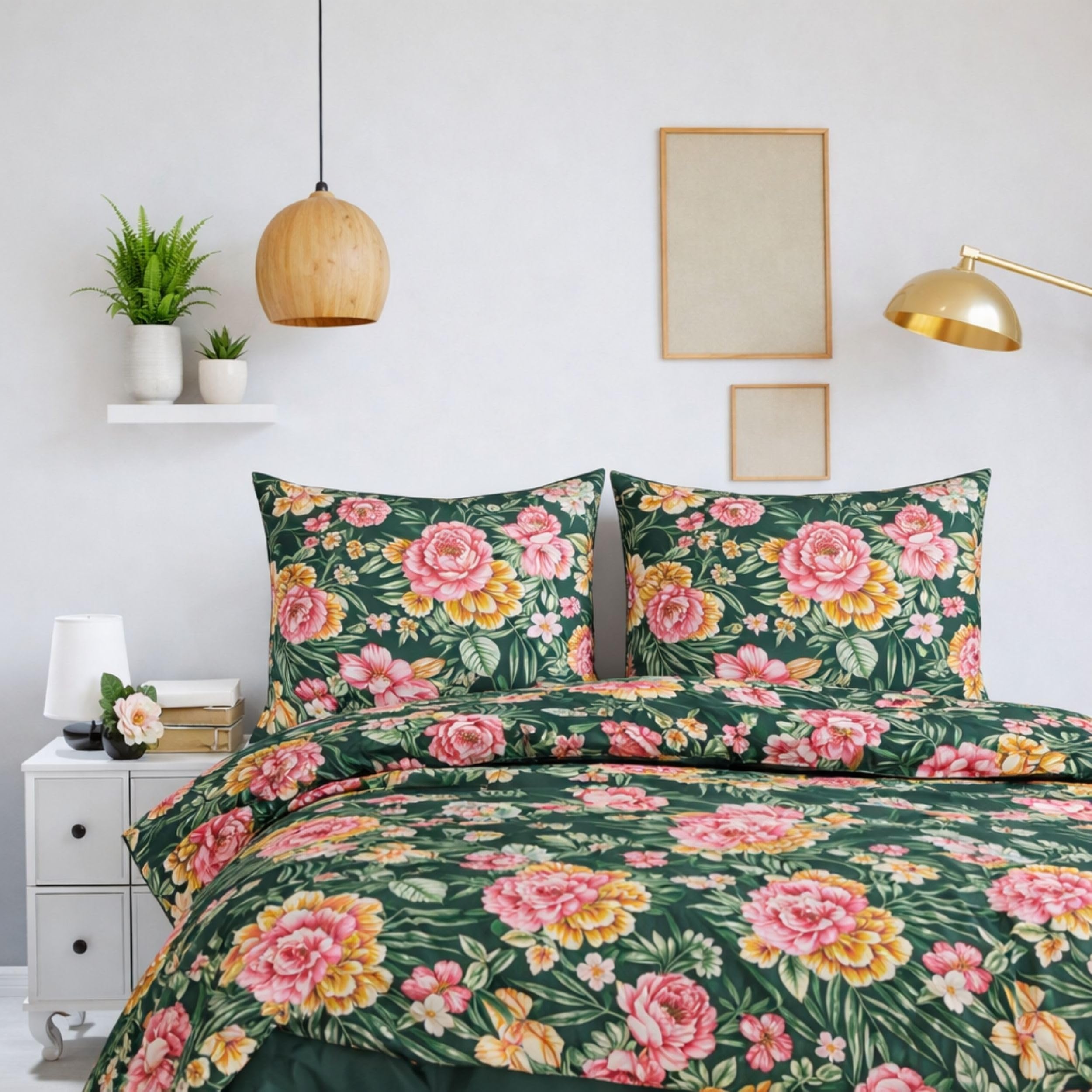 ZIRVEHOME Bettwäsche 200x220 cm 3-teilig – 100% Baumwolle Renforcé, Dunkelgrün Floral Blumen Design, Atmungsaktiv & Hautfreundlich, Bettbezug 200x220 + Kissenbezug 80x80. Grün Garden V1