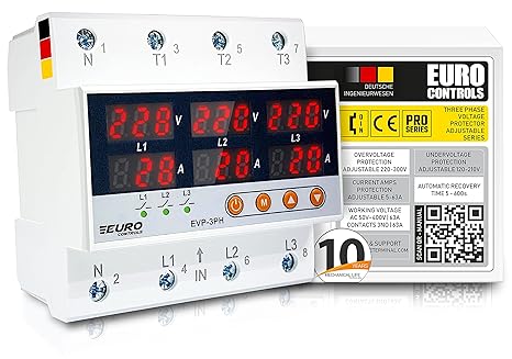EuroControls EVP3PH - 3 Phase Voltage Protector - 63A - Adjustable Over/Under Voltage/Over Current/Voltage Asymmetry/Phase Sequence & Failure Protector - Auto Recovery Switch - Voltage & Amp Meter