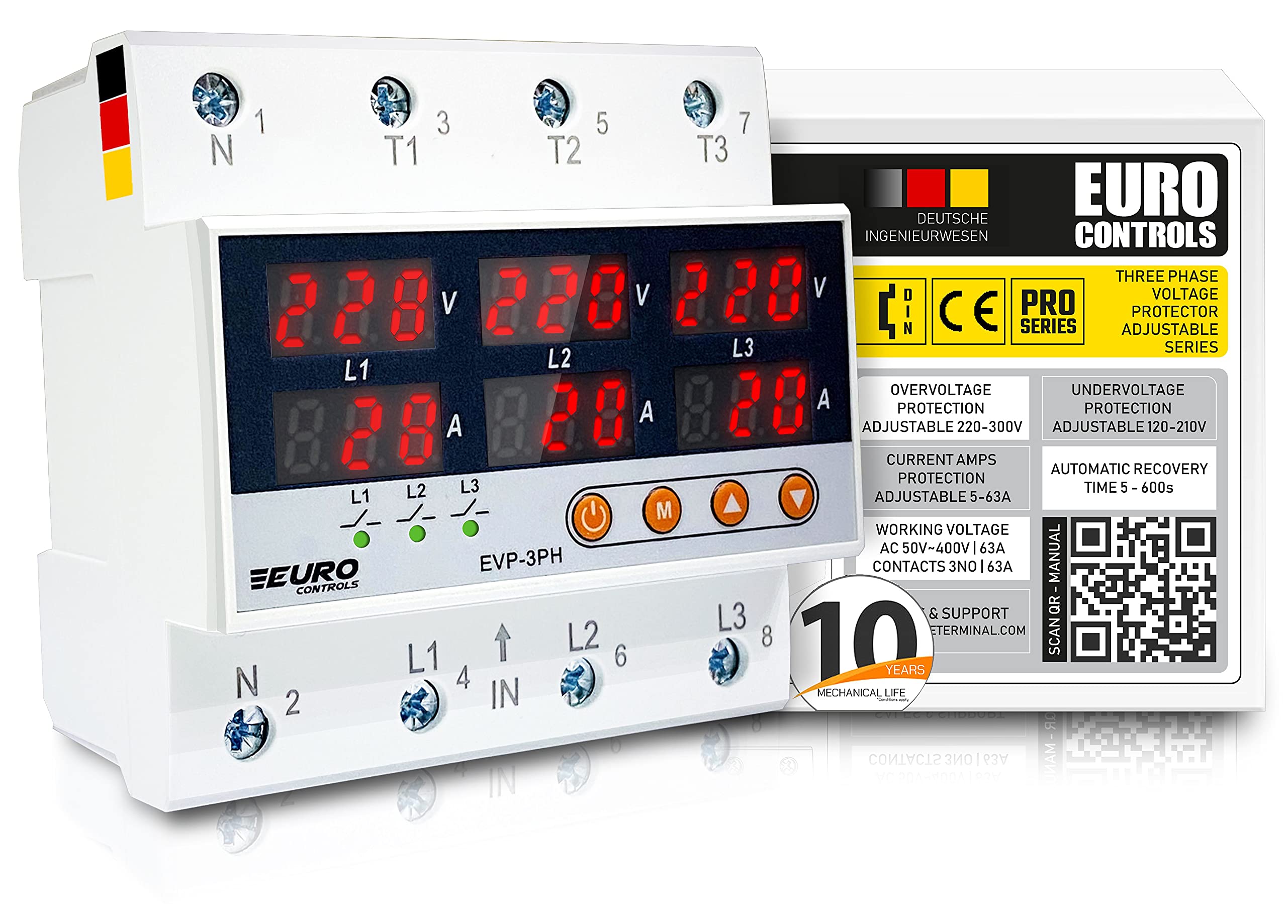 EVP3PH - 3 Phase Voltage Protector - 63A - Adjustable Over/Under Voltage/Over Current/Voltage Asymmetry/Phase Sequence & Failure Protector - Auto Recovery Switch - Voltage & Amp Meter