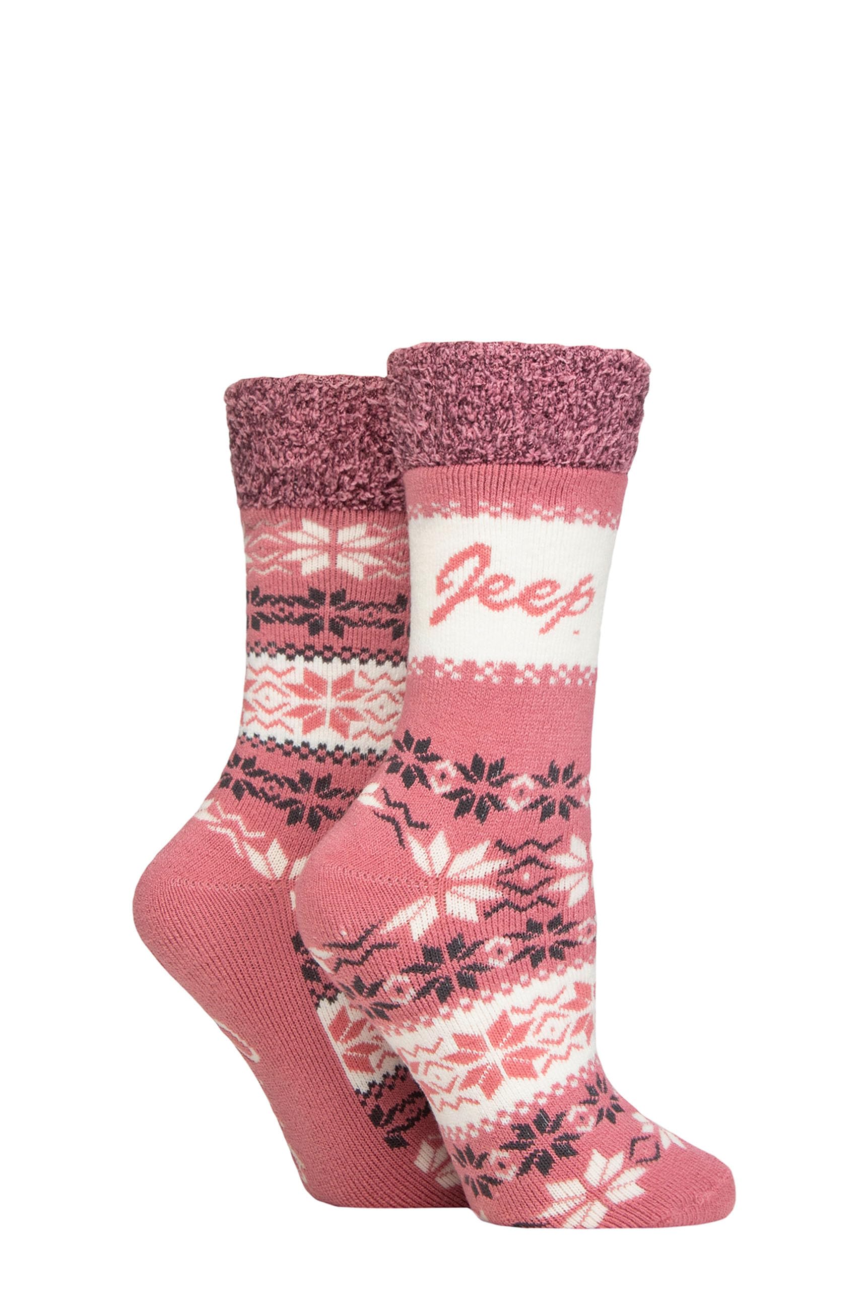 Jeep Women's Rose/Slate Thermal Boot Socks - Fluffy Cuff Soft Top Fairisle Patterned Cushioned Warm Winter Socks For Walking, Hiking & Outdoor Wear 2 Pair Multipack Size 4-8