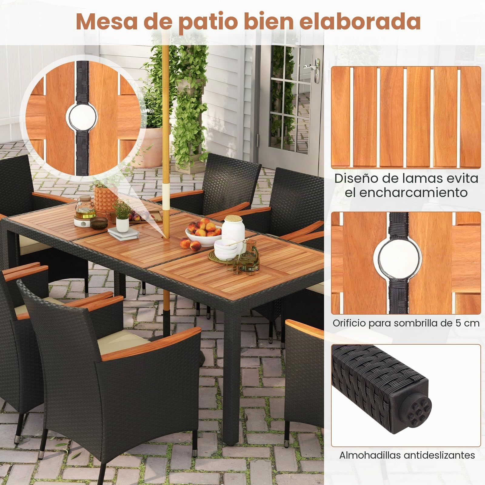 GIANTEX Conjunto de Muebles de Ratán para Jardín, Muebles de Comedor de Ratán, Juego de Muebles, Sillas y Mesa de Acacia para Jardín, Terraza, Patio (Cojín Beige, Mesa+8 Sillas)