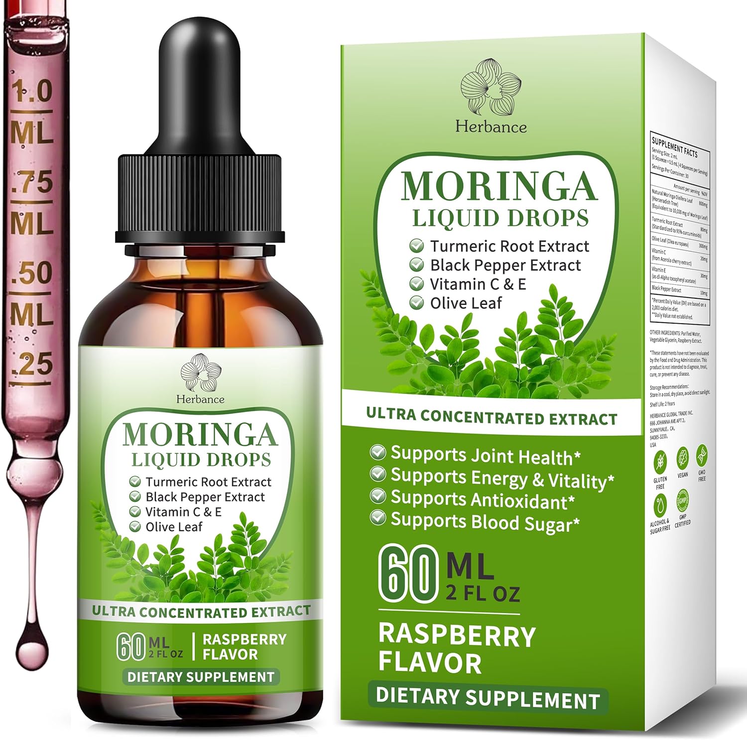 Moringa Liquid Drops, Pure Moringa Supplements w. Turmeric, Olive Leaf, Black Pepper, Vitamin C&E for Energy, Supports Antioxidant and Immune - 6X Stronger Than Capsules Powder (2 Fl Oz)