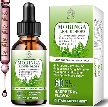 Moringa Liquid Drops, Pure Moringa Supplements w. Turmeric, Olive Leaf, Black Pepper, Vitamin C&E for Energy, Supports Antioxidant and Immune - 6X Stronger Than Capsules Powder 2 Fl Oz