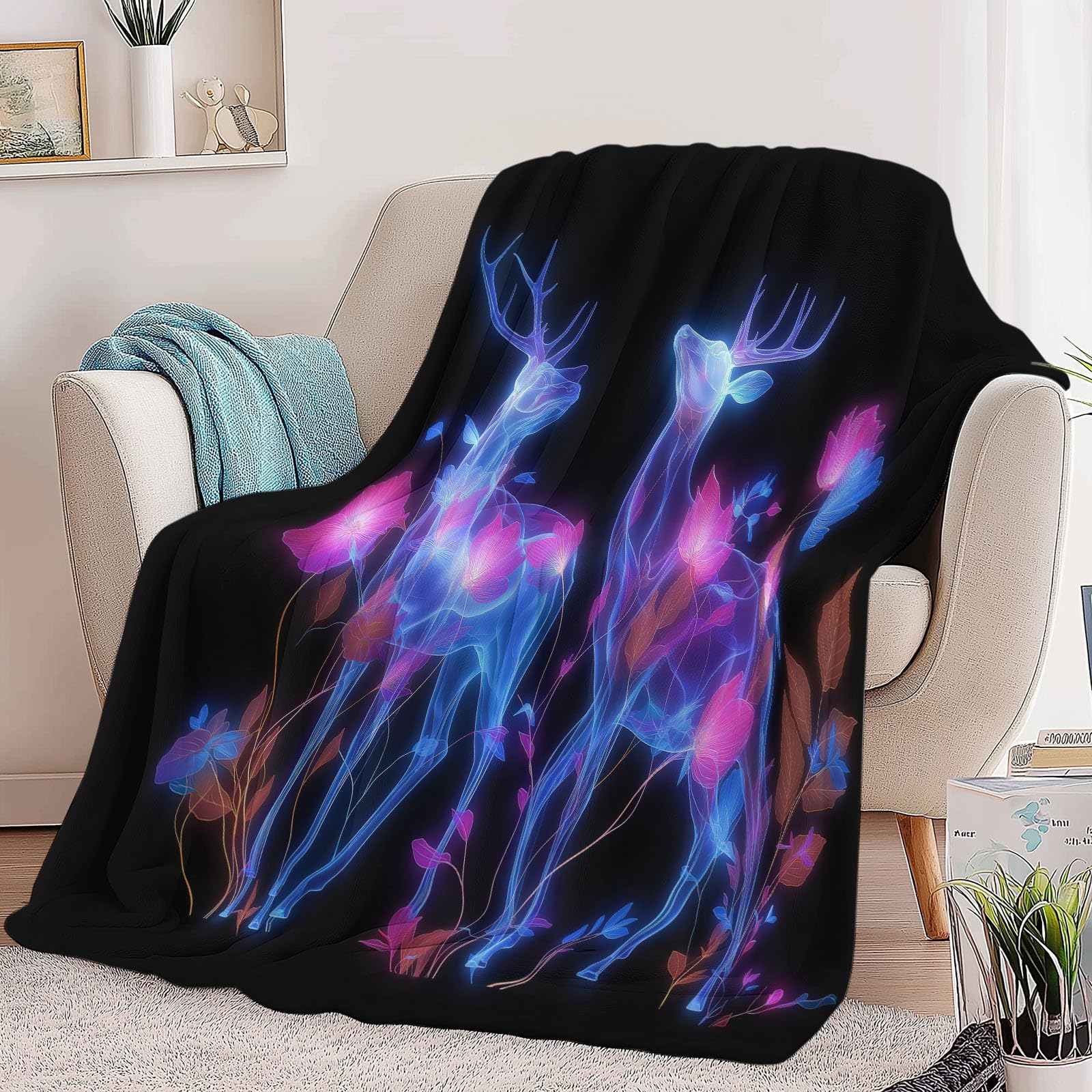 Generico Nero Coperta Plaid in Pile di Flanella Arte Digitale Cervo Al Neon Morbida Leggera Coperta 180 x 220 cm - Adatto per Letto Divano Campeggio Viaggio Sedia a Sdraio