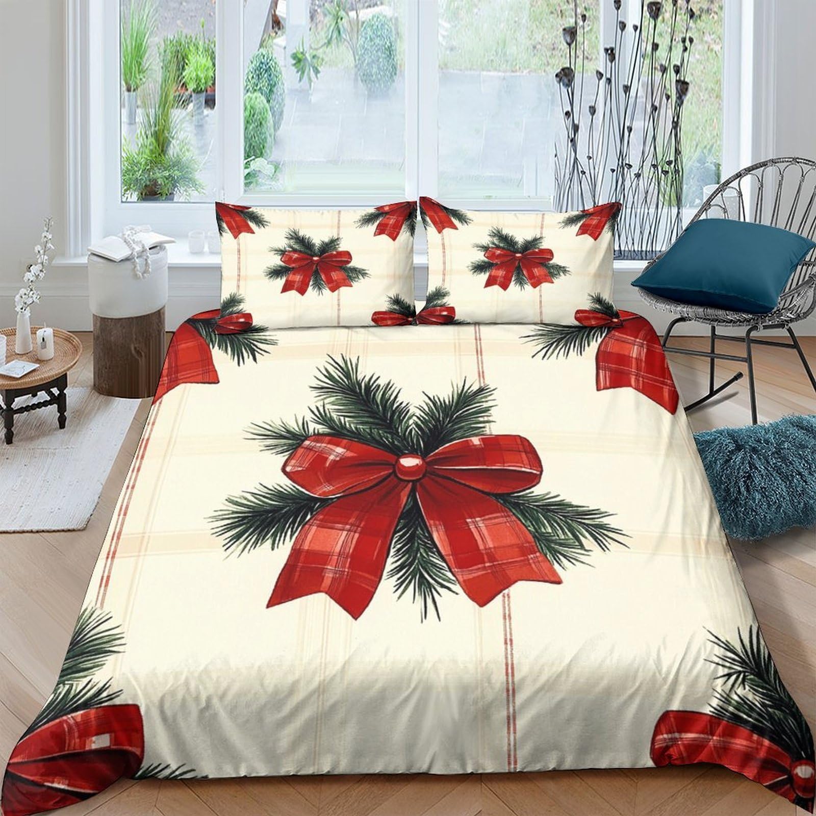 Ctjqhvkz Style-3 3D Printed Christmas Pine Bow Fitted Sheet Microfiber Soft Red Green Bed Cover For Bedroom Guest Room Protective Decor Single（135X200cm）
