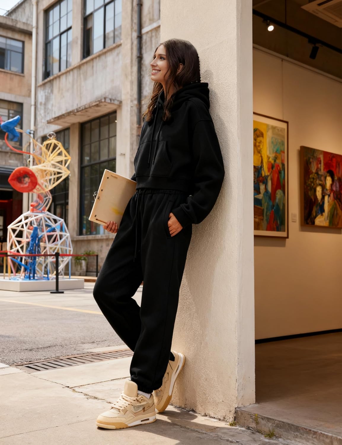 Womens Fleece 2 Piece Outfits Sweatsuit Crop Hoodie Pullover Sweatshirt Joggers Sweatpants Set - Image 3