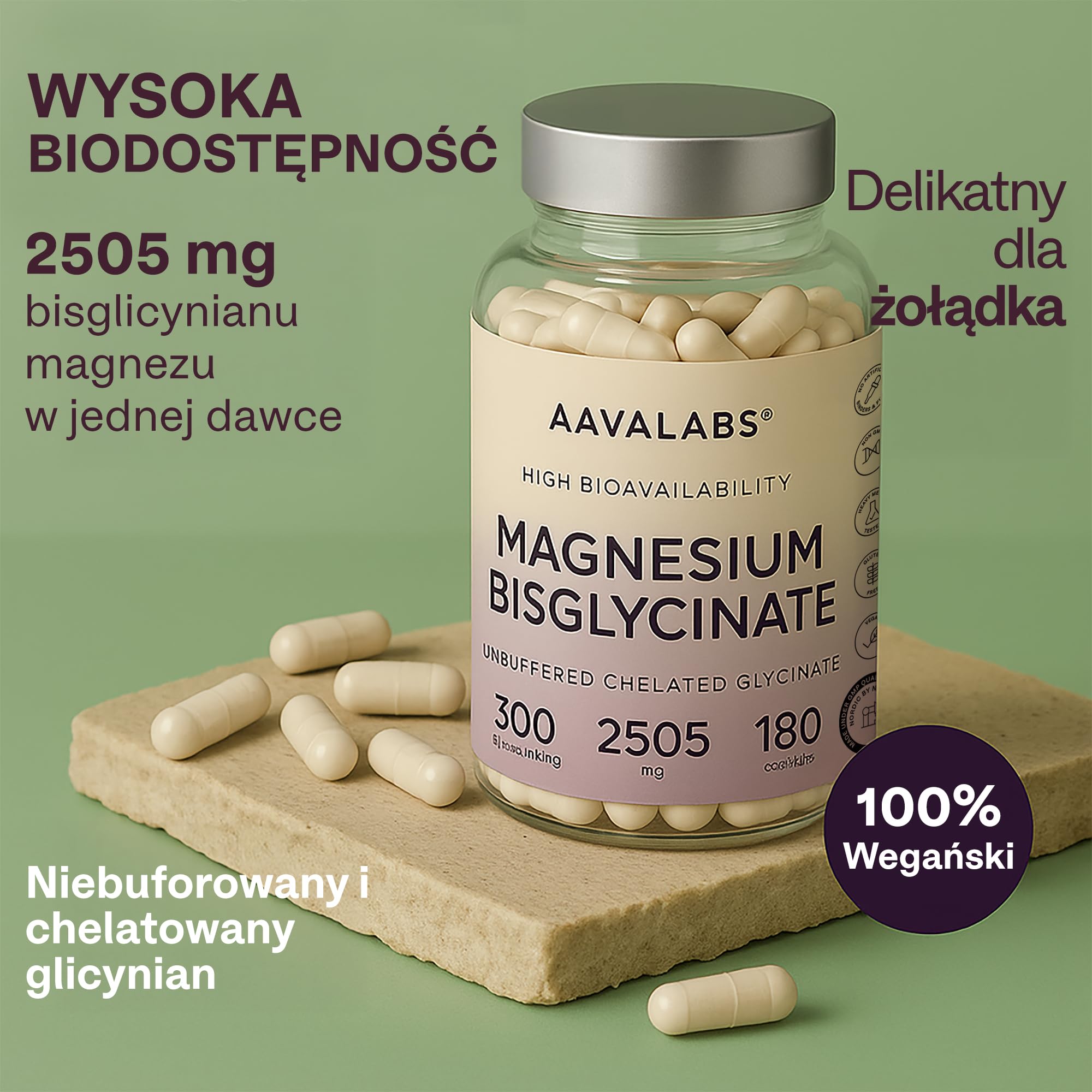 Chelatowany glicynian magnezu 2505 mg w dziennej dawce (300 mg magnezu elementarnego) - Wysoka dawka niebuforowanego magnezu - Suplement dla kobiet i mężczyzn - 180 wegańskich kapsułek