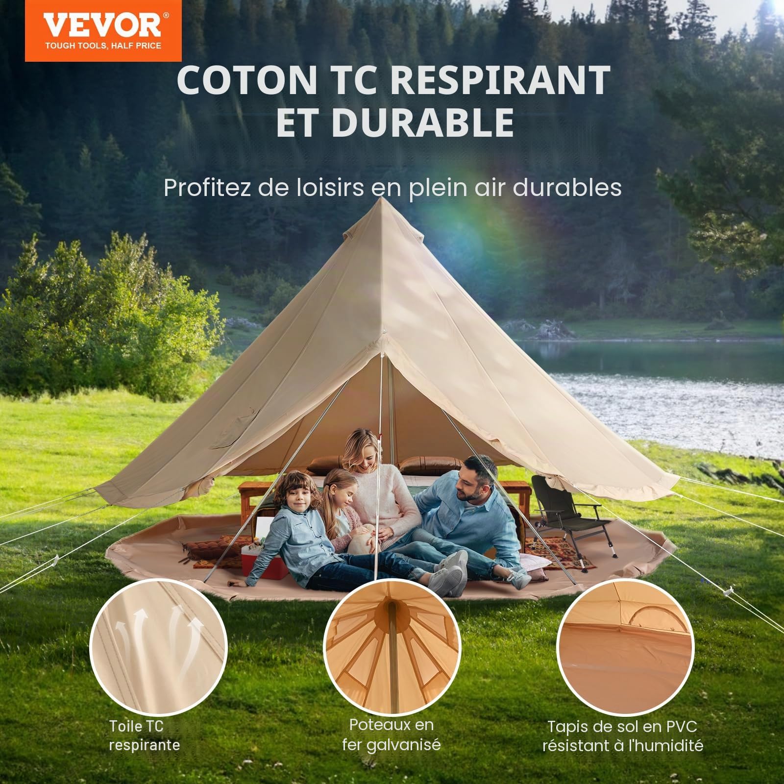 VEVOR Tente Cloche en Toile Tente de Yourte 4 Saisons Tente de Camping Familial avec Trou de Poêle à Bois, Sacs de Rangement pour Glamping, Groupes en Plein Air, Fête, Chasse