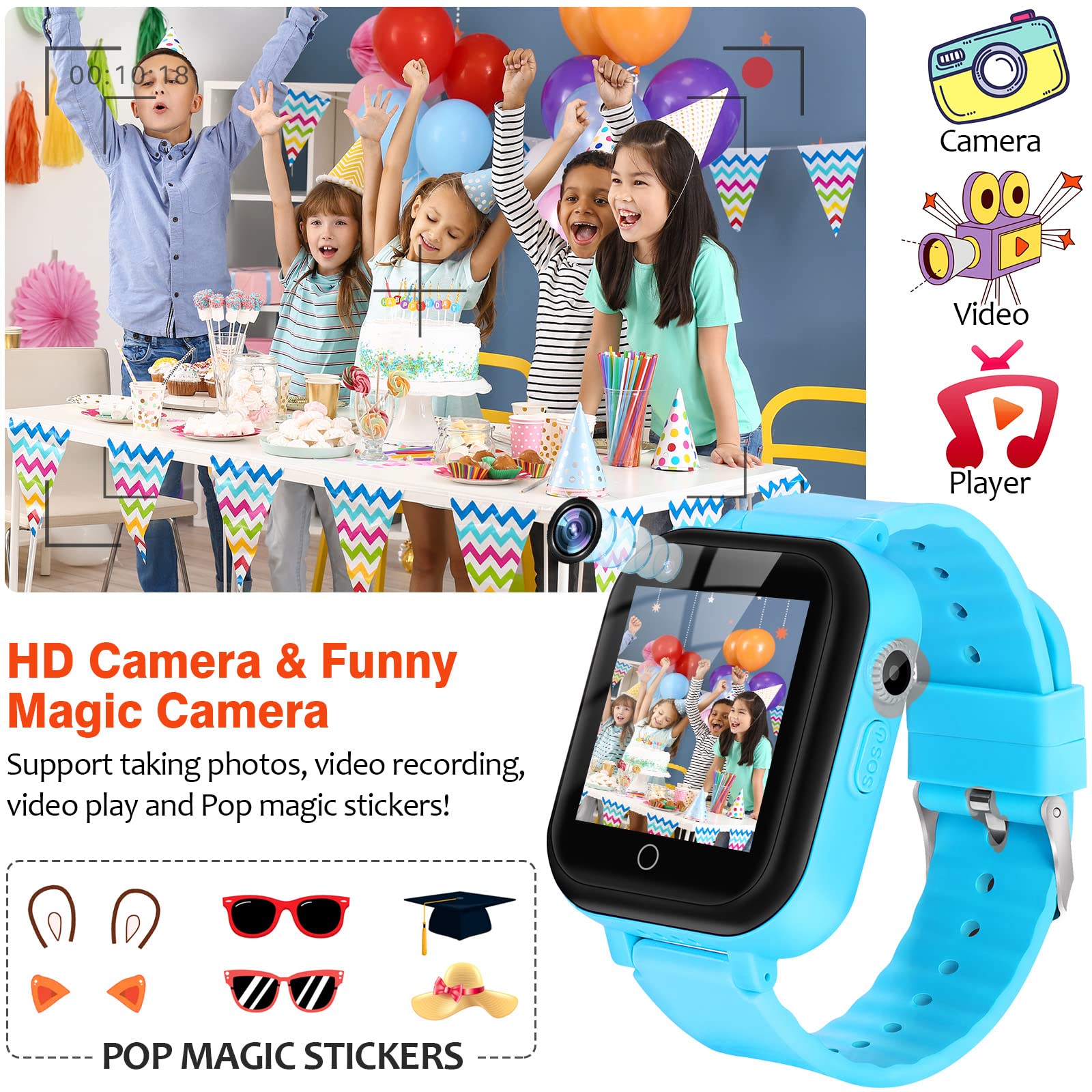 ele ELEOPTION Orologio intelligente per bambini 4G IP67 impermeabile con posizione GPS, fotocamera, SOS, chiamata, contapassi, touch screen, video chat Smart Watch per ragazzi e ragazze (blu T16)