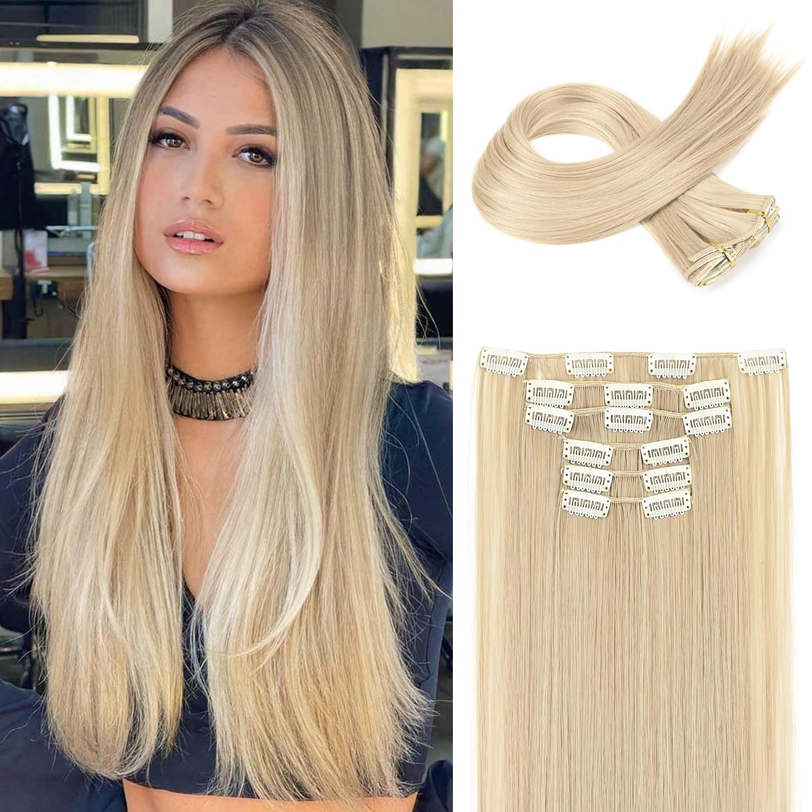FLUFYMOOZ 6PC Clip in Hair Extensions 24" Straight Long Extensions for Women Synthetic Hairpiece (Ash Blonde)